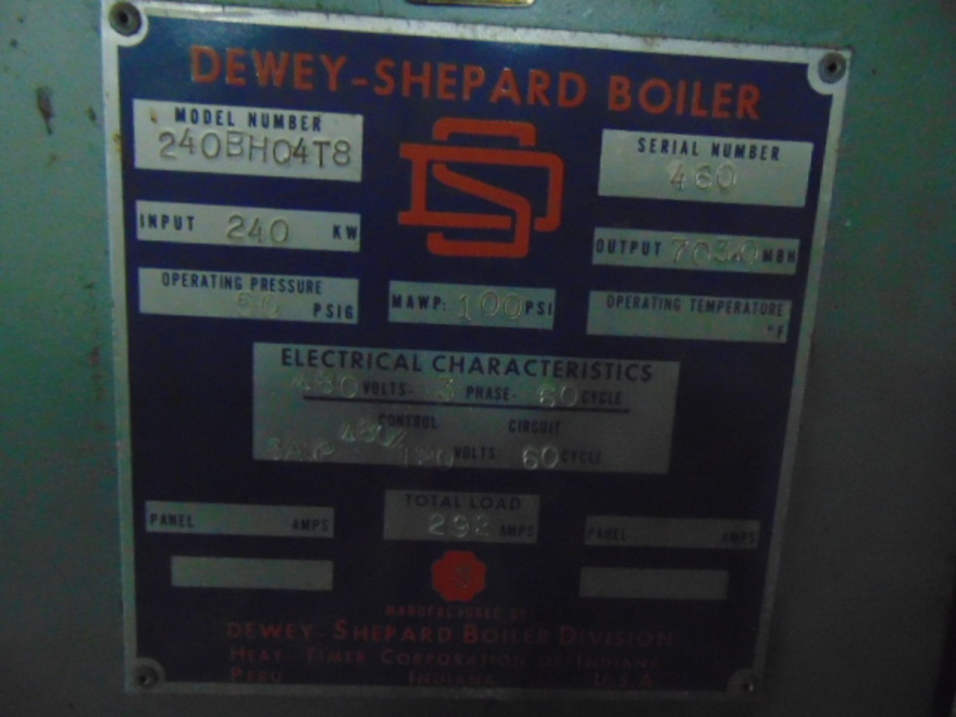 BOILER, DEWEY-SHEPARD MDL. 240BH04T8, 240 KW input, 703.0 MBH output, 50 PSIG operating pressure, - Image 2 of 2