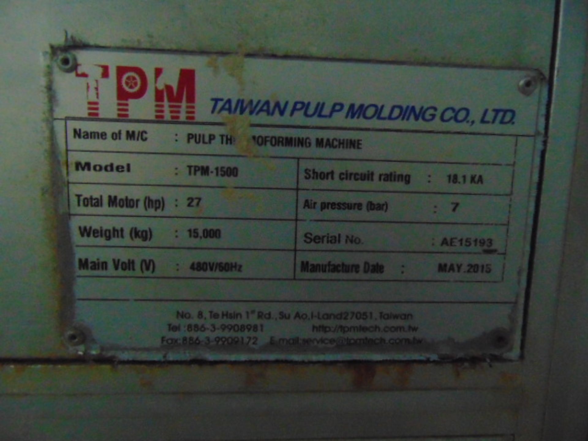 THERMOFORMING MACHINE, TAIWAN PULP MOLDING MDL. TPM-1500, mfg. 5/2015, installed 2016, 1500mm x - Image 9 of 13