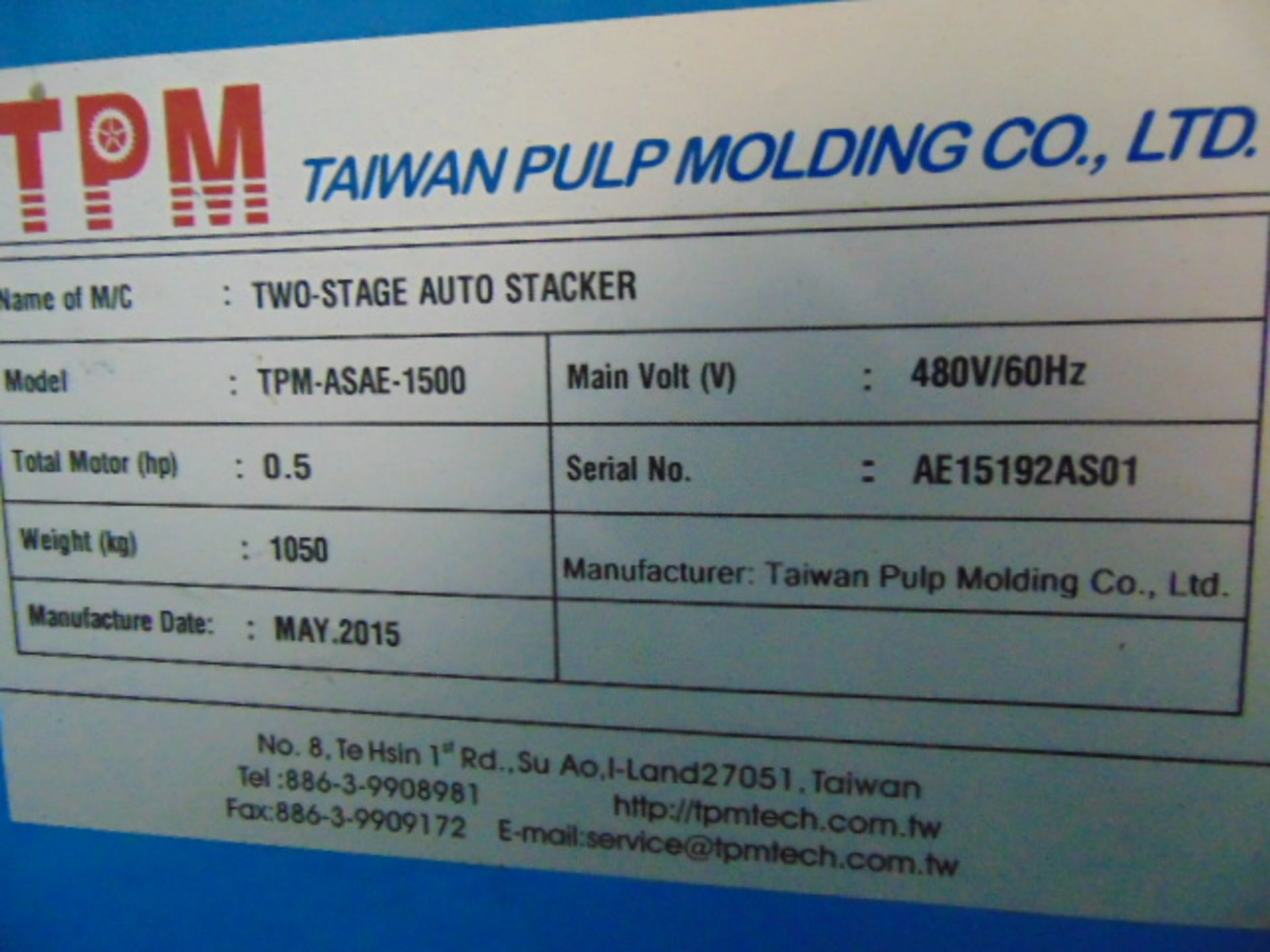 TWO-STAGE AUTO STACKER, TAIWAN PULP MOLDING MDL. TPN-ASAE-1500, 5 HP. conveyor & controls, S/N - Image 3 of 3