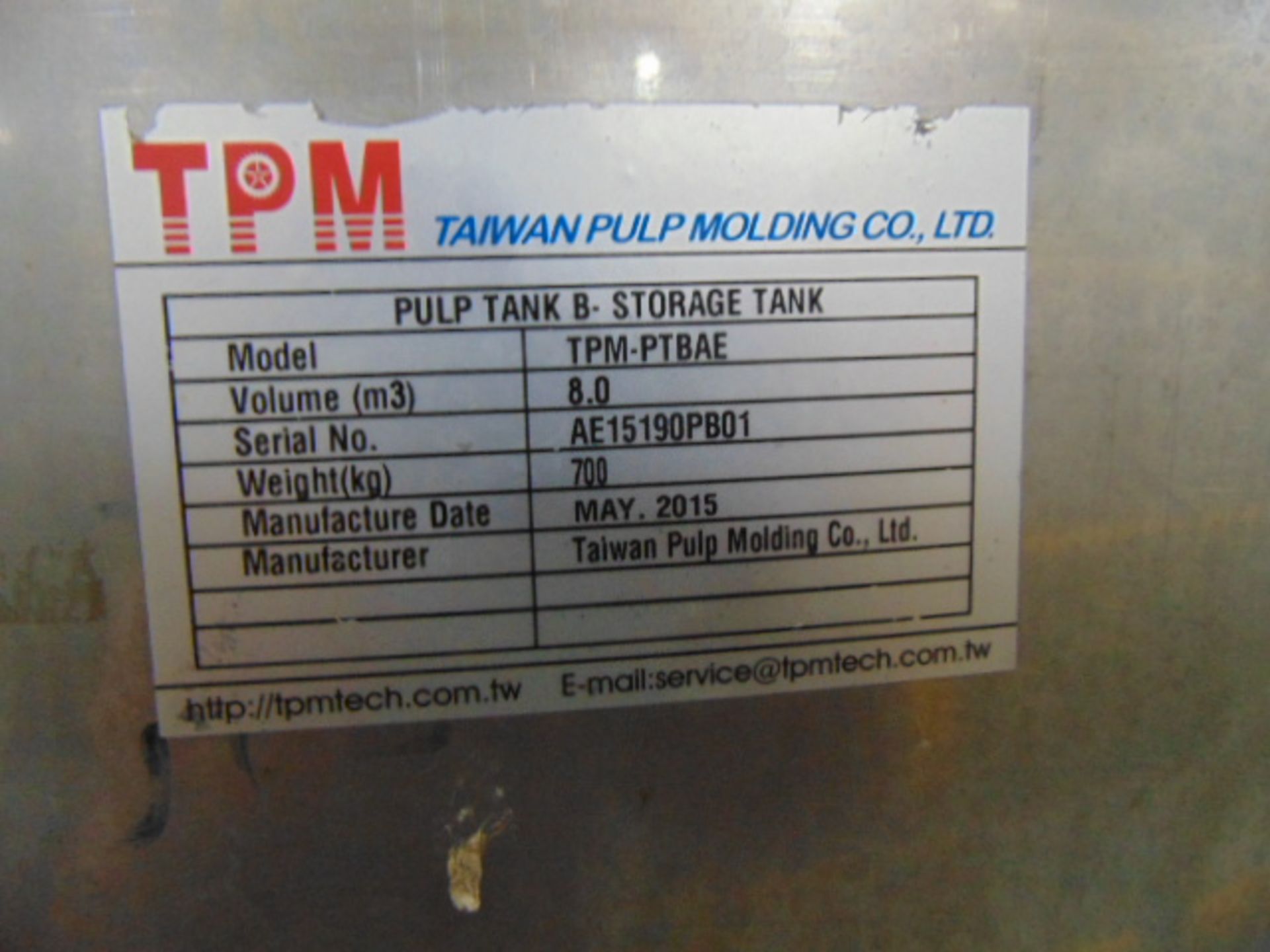 STAINLESS STEEL CONE BOTTOM AGITATED TANK, TAIWAN PULP MACHINERY MDL. TPM-HLPWTAE, 600 gal. cap., - Image 5 of 5