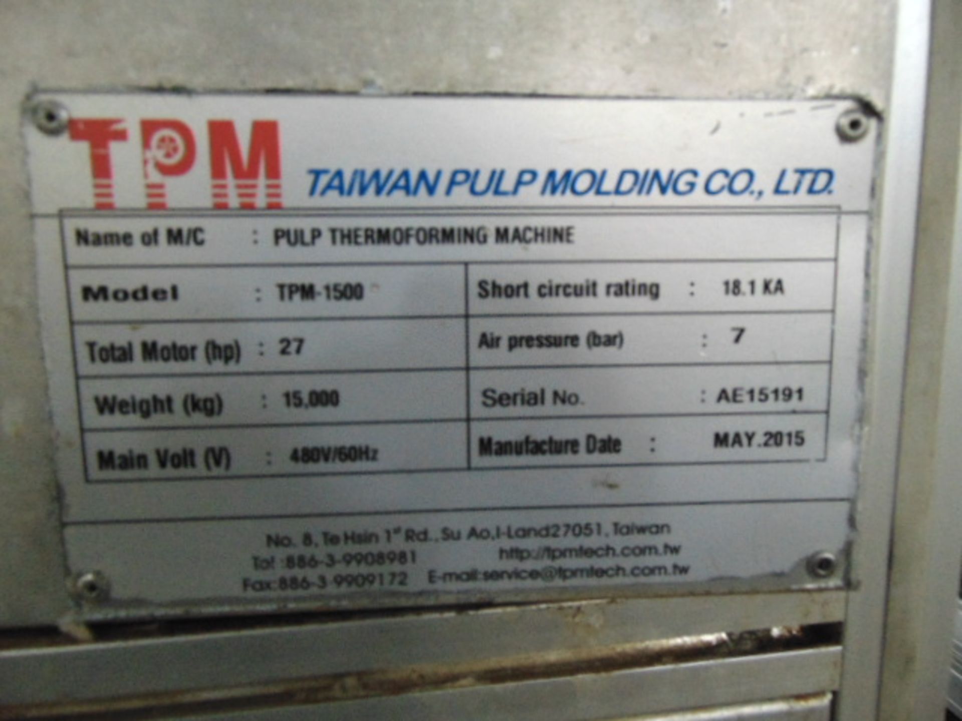 THERMOFORMING MACHINE, TAIWAN PULP MOLDING MDL. TPM-1500, mfg. 5/2015, installed 2016, 1500mm x - Image 7 of 9