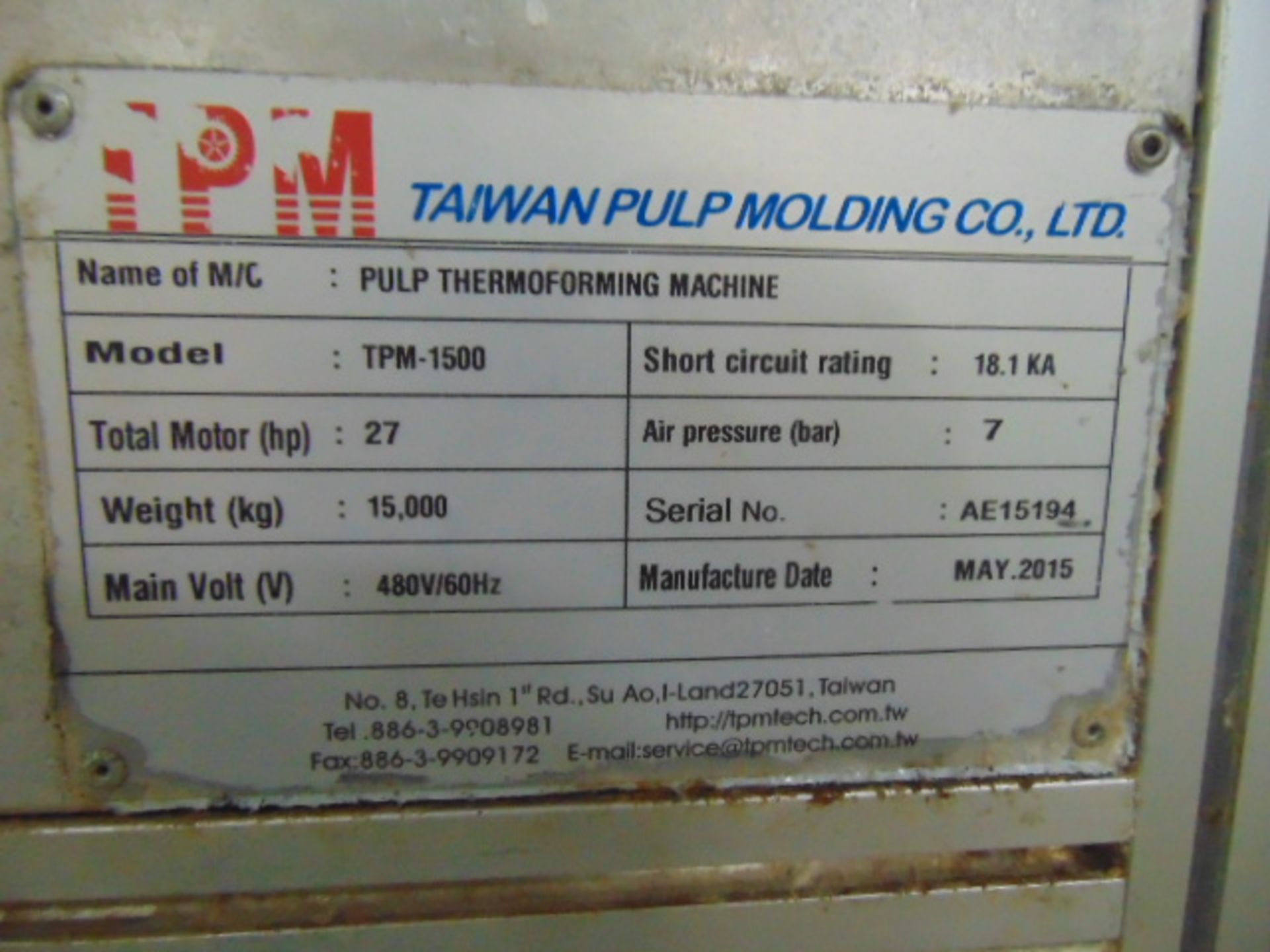 THERMOFORMING MACHINE, TAIWAN PULP MOLDING MDL. TPM-1500, mfg. 5/2015, installed 2016, 1500mm x - Image 8 of 11