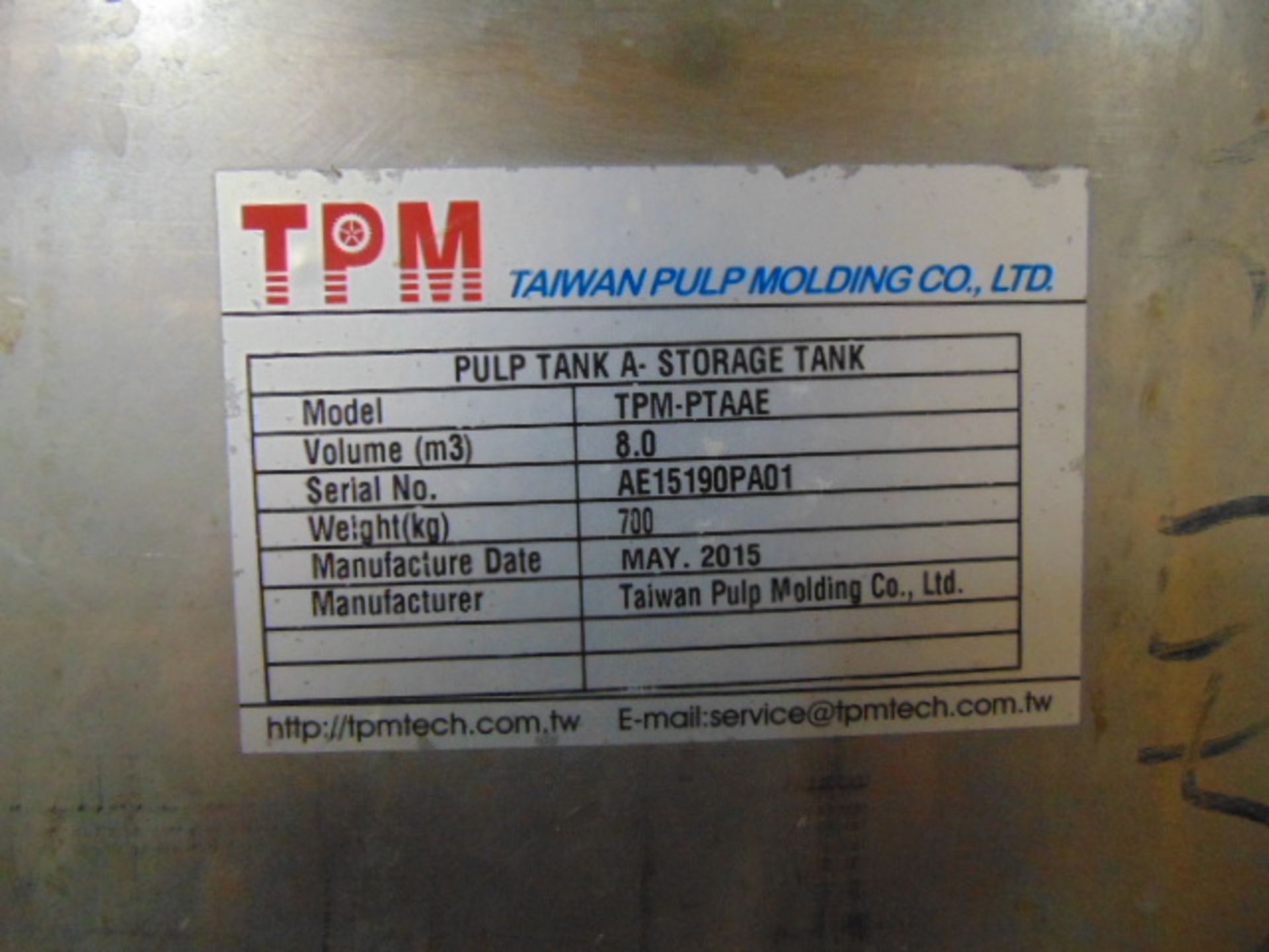 STAINLESS STEEL CONE BOTTOM AGITATED TANK, TAIWAN PULP MACHINERY MDL. TPM-HLPWTAE, 600 gal. cap., - Image 5 of 5