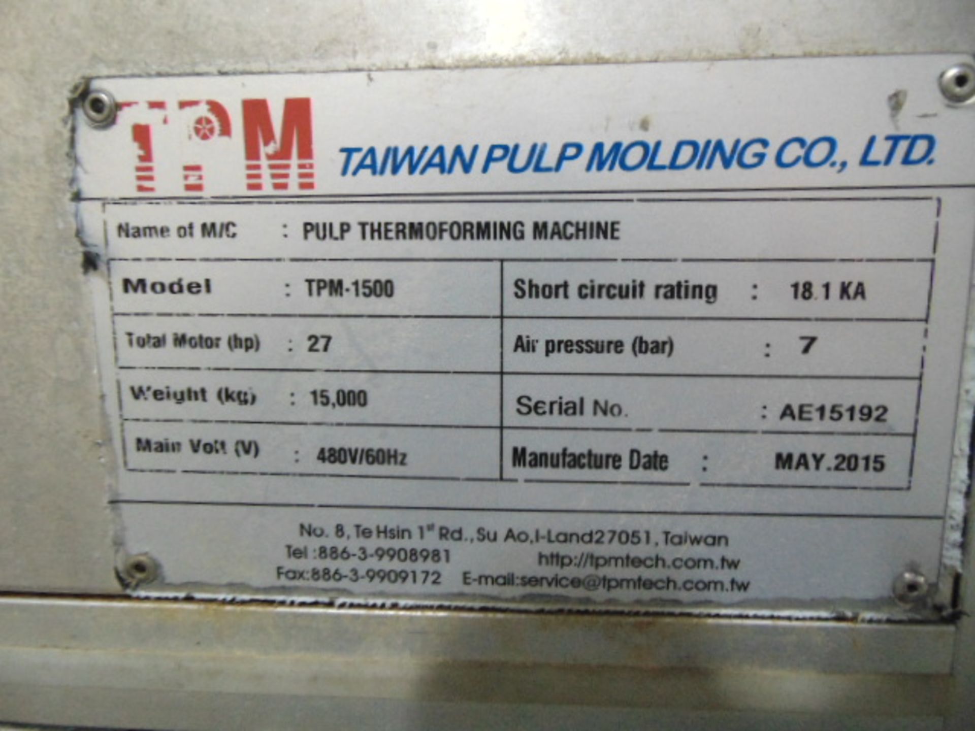 THERMOFORMING MACHINE, TAIWAN PULP MOLDING MDL. TPM-1500, mfg. 5/2015, installed 2016, 1500mm x - Image 8 of 12