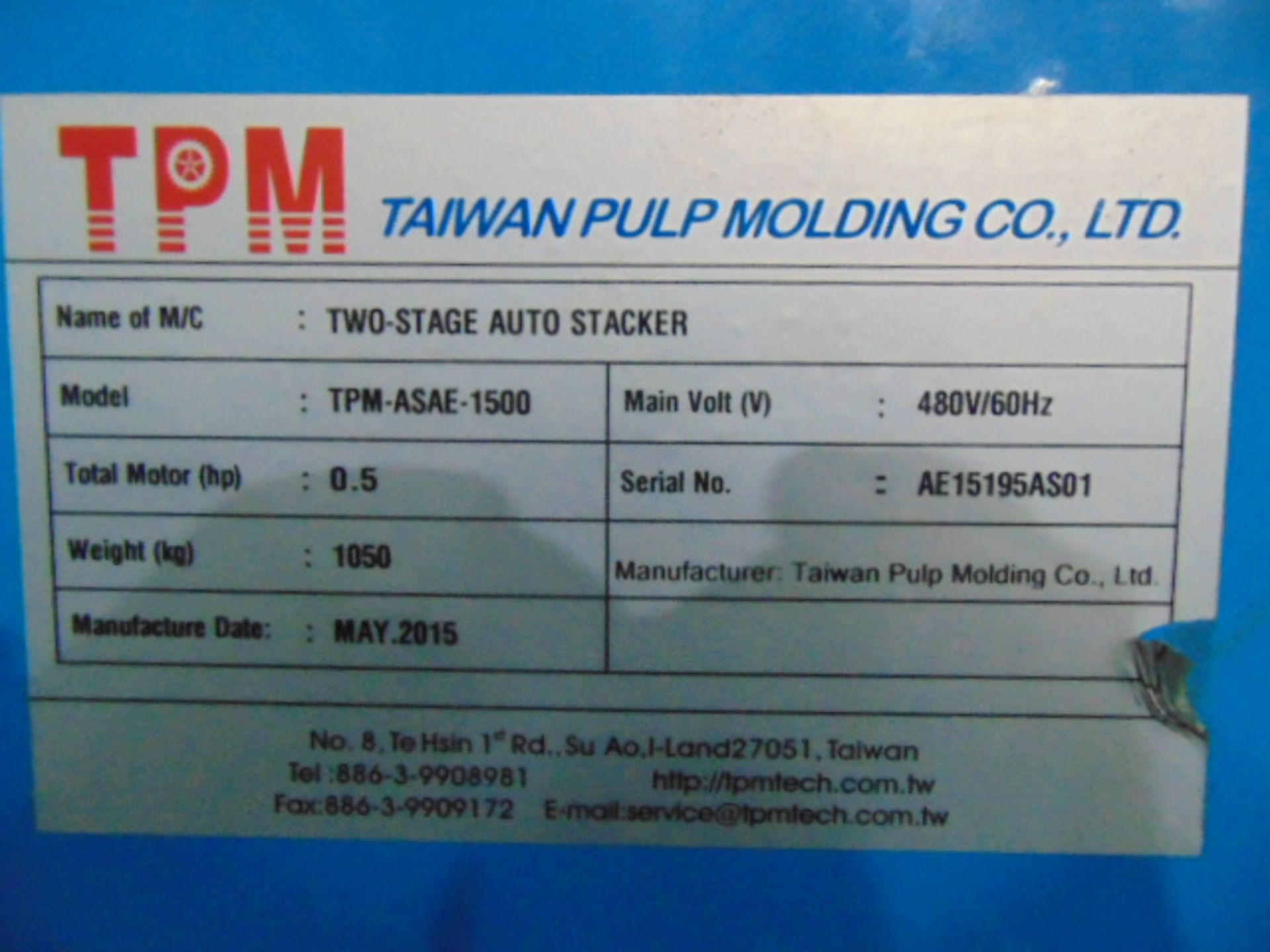 TWO-STAGE AUTO STACKER, TAIWAN PULP MOLDING MDL. TPN-ASAE-1500, 5 HP. conveyor & controls, S/N - Image 3 of 3