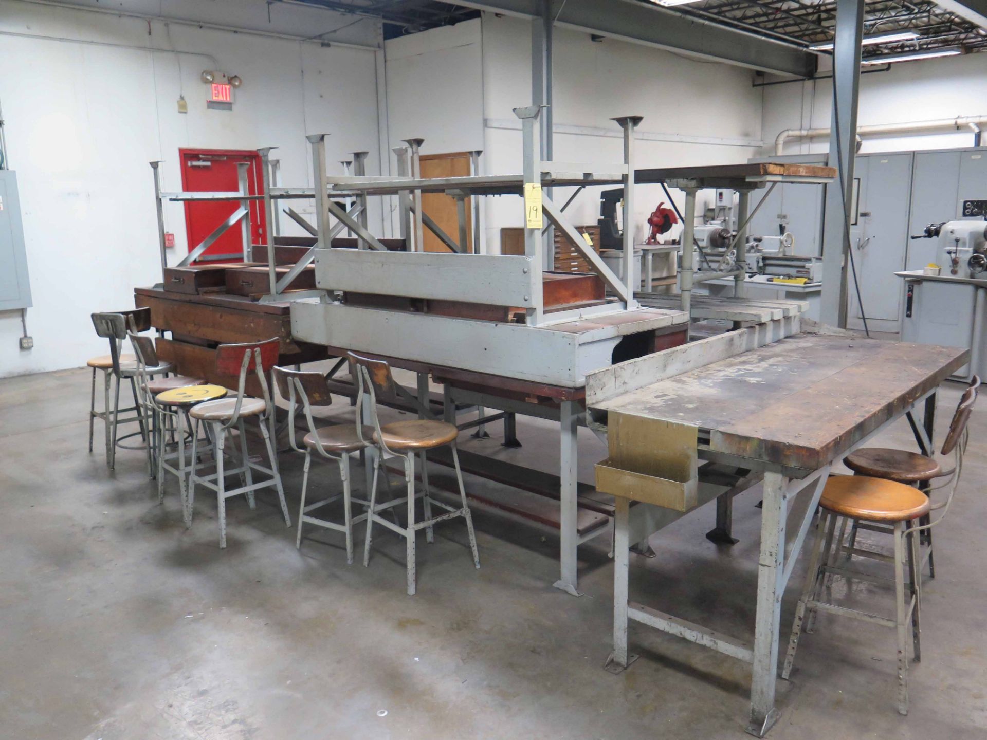 LOT OF SHOP TABLES (9), metal legs, wooden tops, 8' x 30" tops, some have drawers - Image 2 of 2