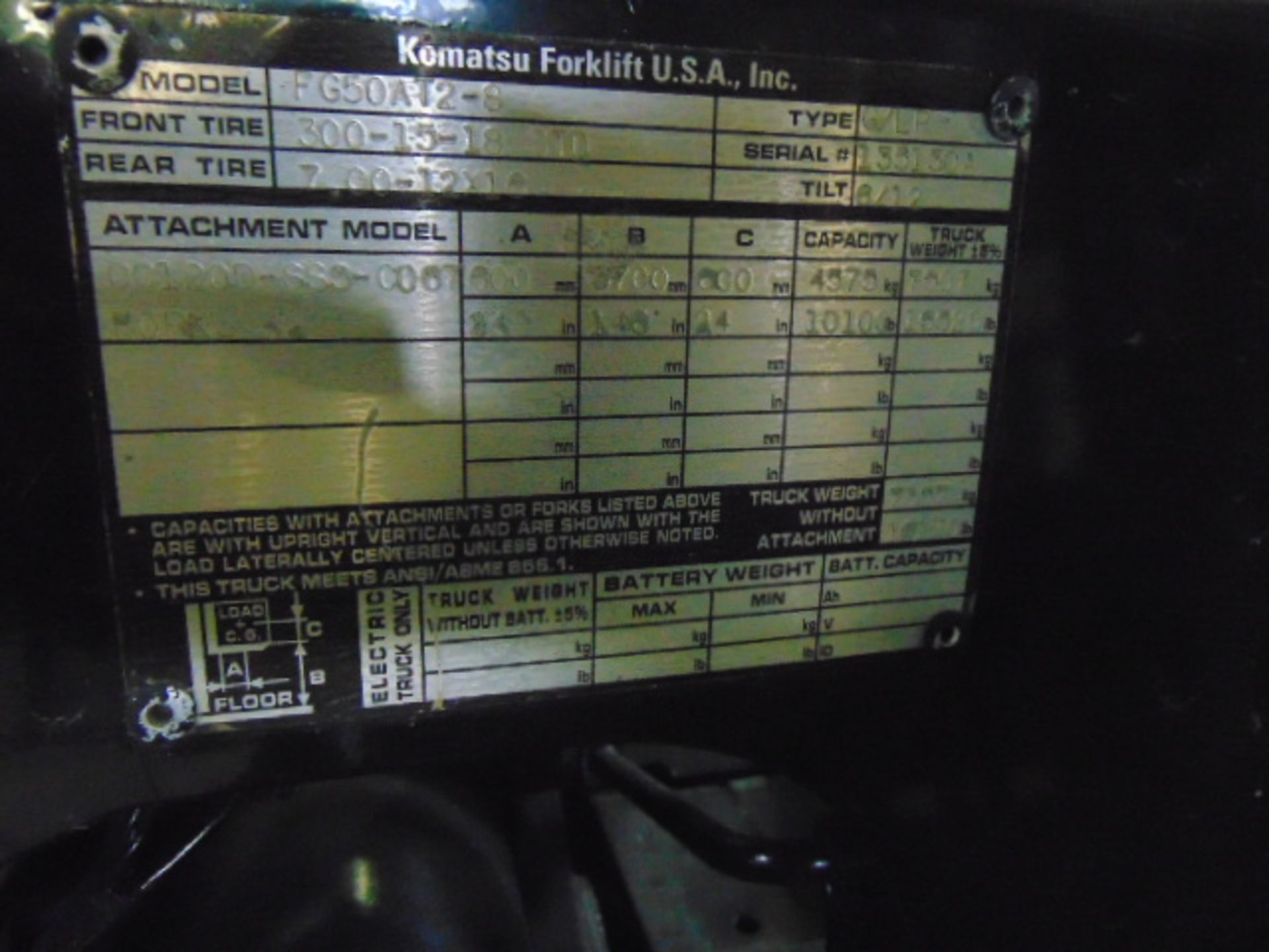 FORKLIFT, KOMATSU 11,000 LB. CAP. MDL. FG50A12-8, new 2006, 100" standard mast, 145" lift ht., - Image 6 of 7