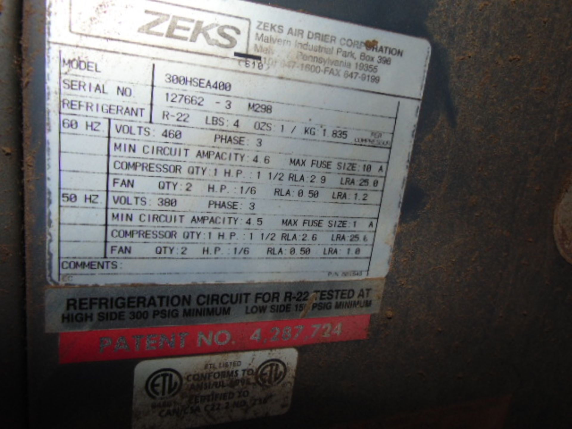 REFRIGERATED AIR DRY, ZEKS MDL. 300HSEA400, S/N 127663-3-M298 - Image 2 of 2