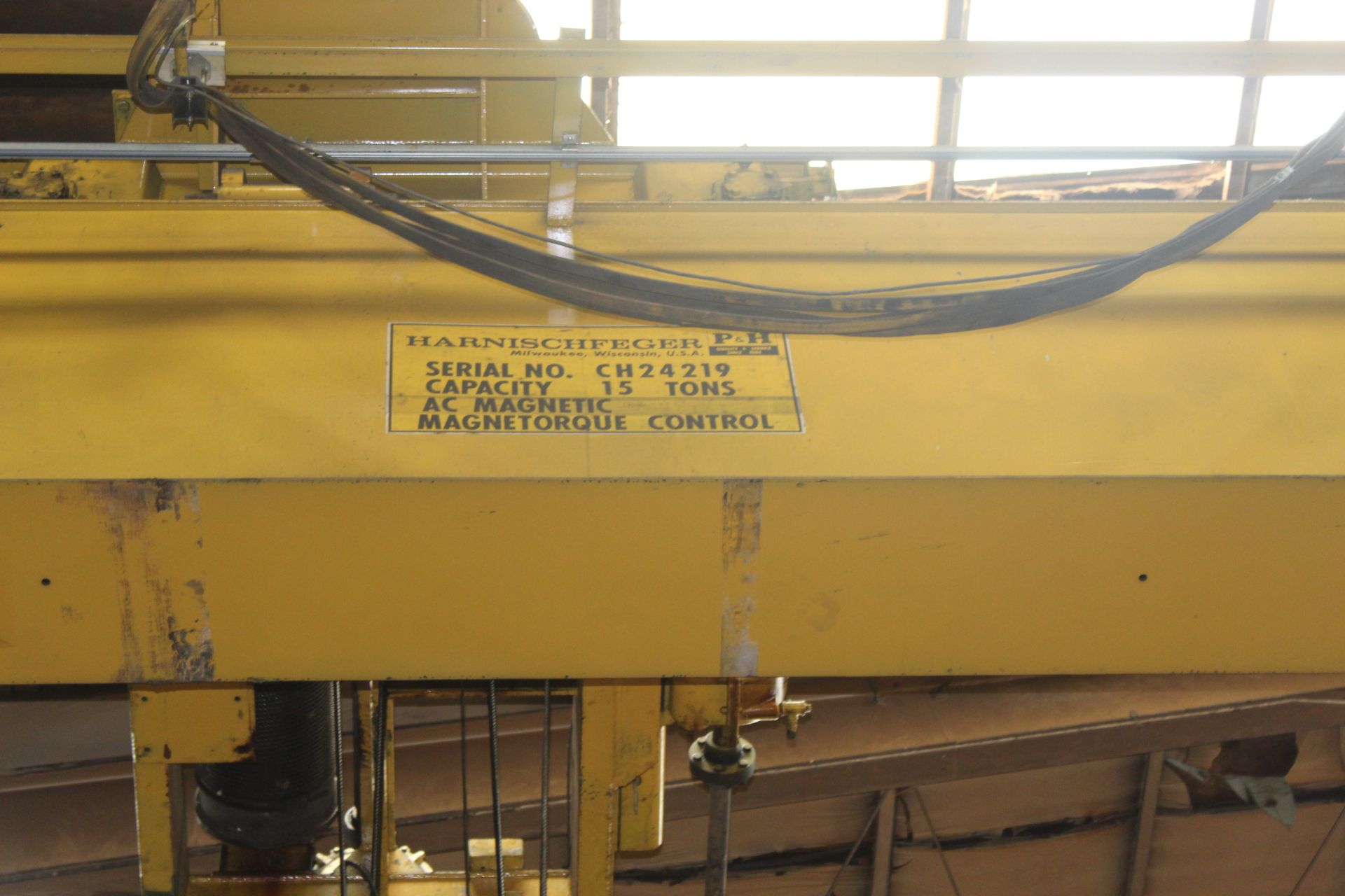 OVERHEAD BRIDGE CRANE, P&H HARNISCHFEGER 15 T. X 66' SPAN, top running, dbl. girder, radio frequency - Image 3 of 3