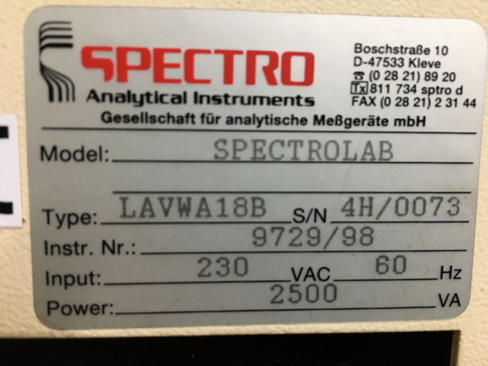 SPECTROMETER, SPECTRO ANALYTICAL, MDL. SPECTROLAB, TYPE LAVWA18B, S/N 4H/0073 - Image 4 of 4