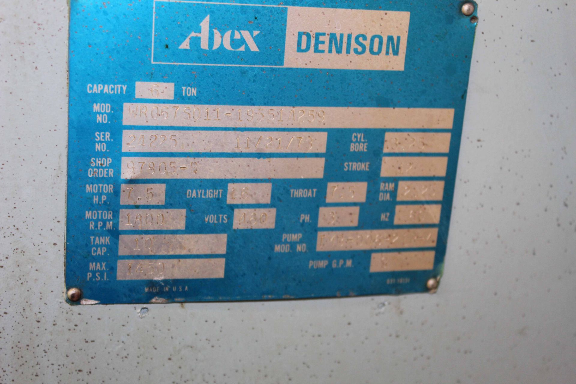 MULTI-PRESS, ABEX DENISON MDL. WR067S011-19551A259, 6 Ton cap., 7-1/2 HP motor, 16” daylight, 7-1/2” - Image 3 of 3