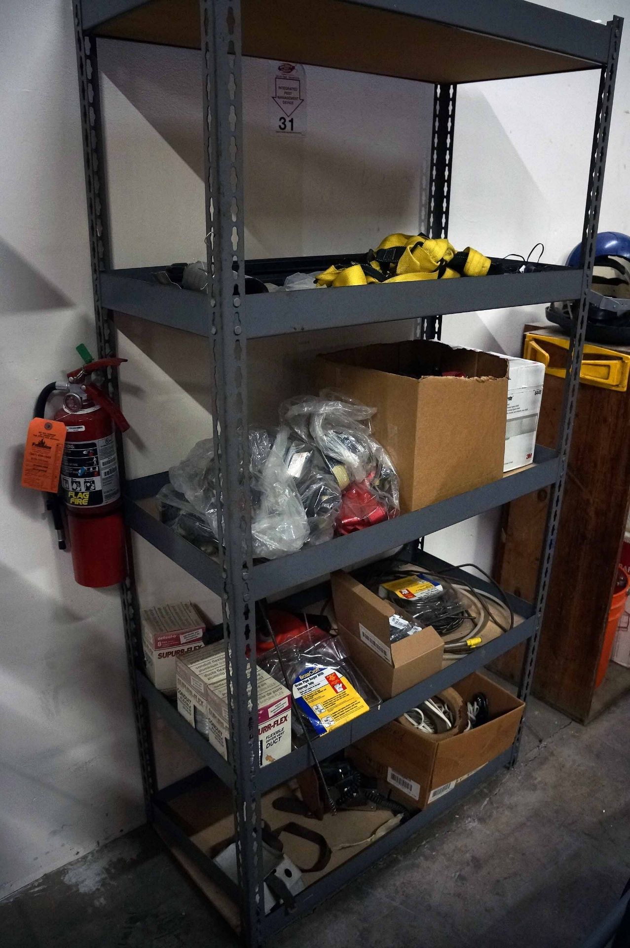 LOT OF SHELVES: wooden & metal, w/welding supplies, tie-down straps, etc. - Image 5 of 7