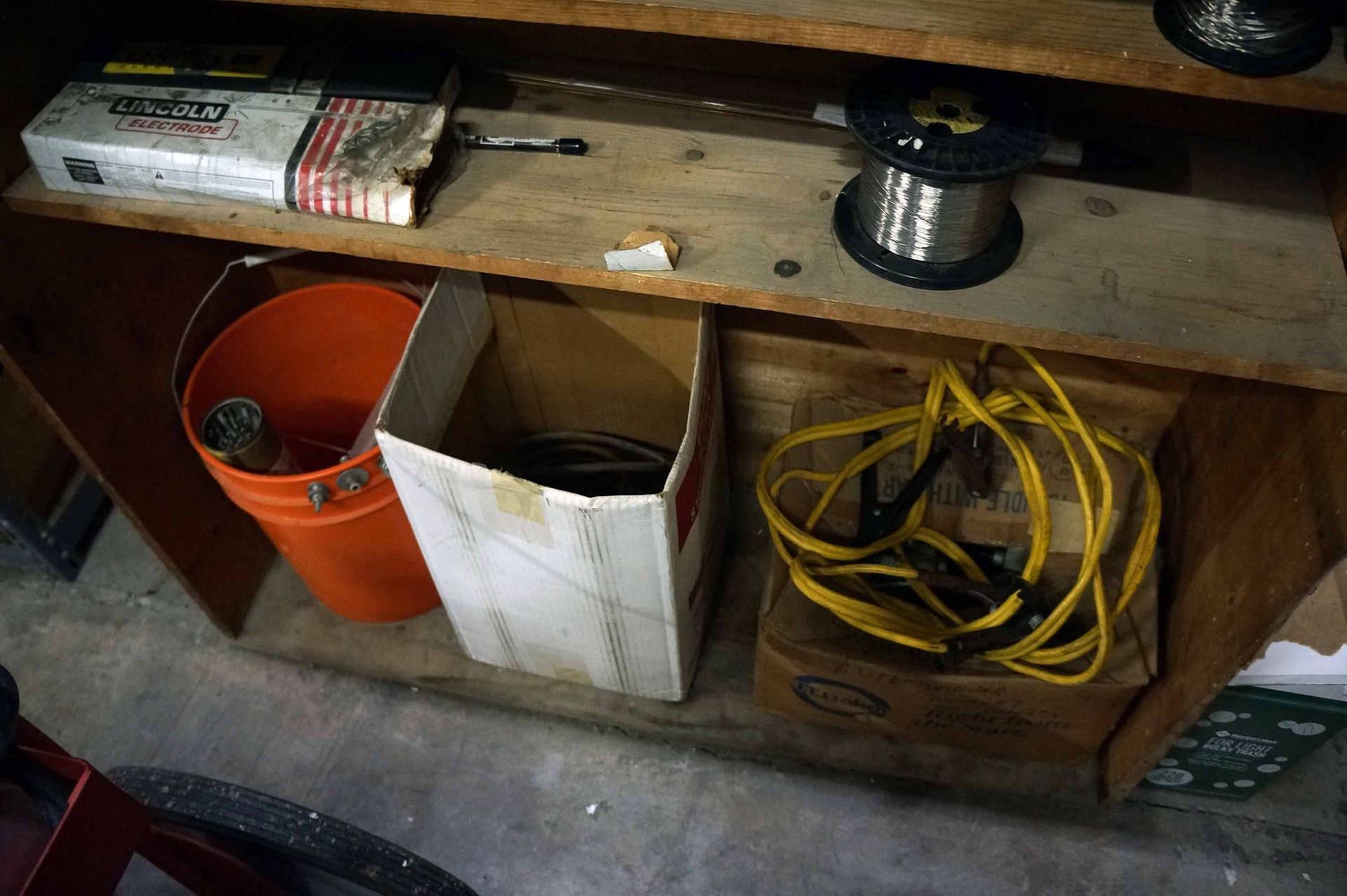 LOT OF SHELVES: wooden & metal, w/welding supplies, tie-down straps, etc. - Image 3 of 7