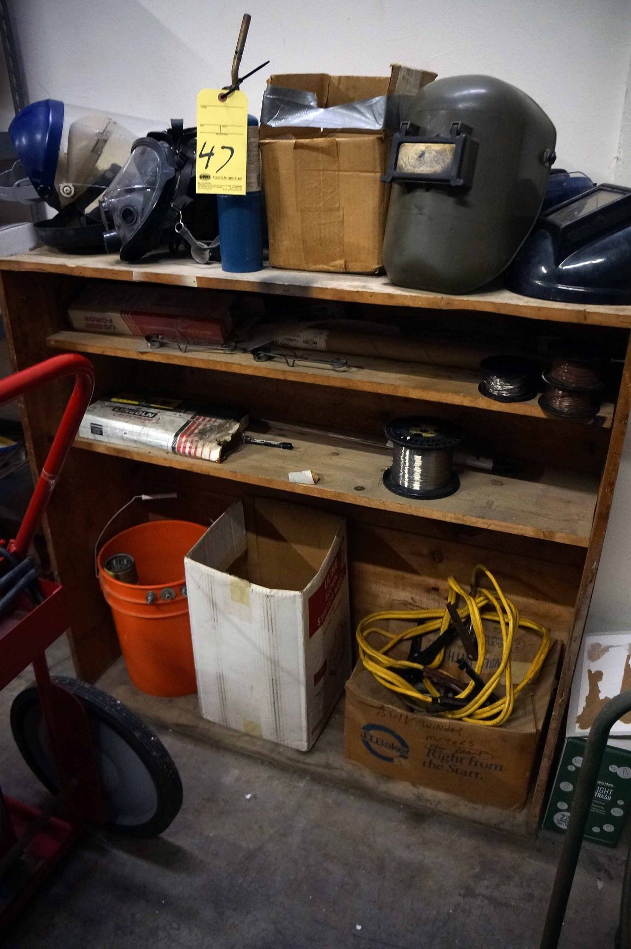 LOT OF SHELVES: wooden & metal, w/welding supplies, tie-down straps, etc.