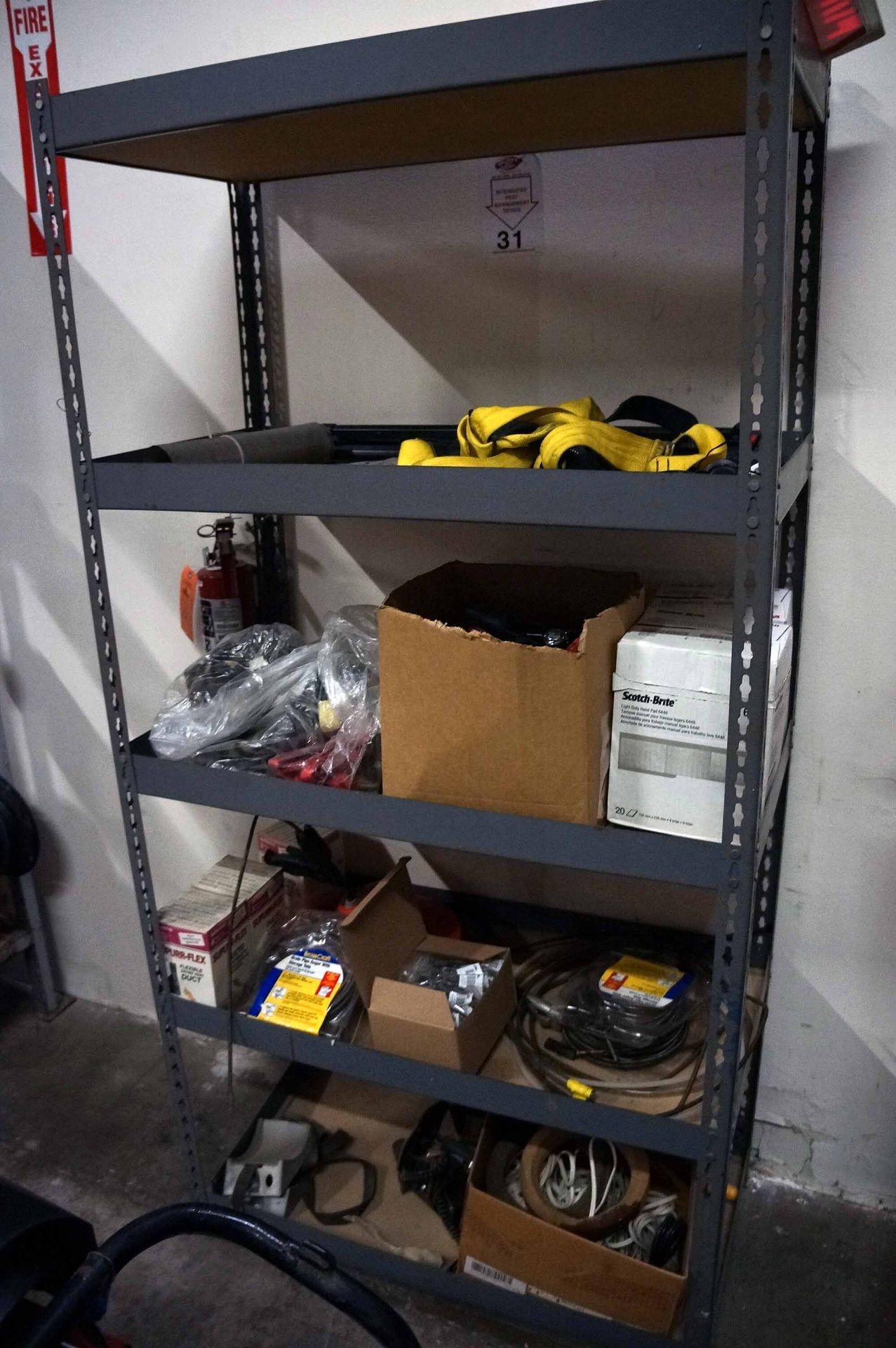 LOT OF SHELVES: wooden & metal, w/welding supplies, tie-down straps, etc. - Image 4 of 7