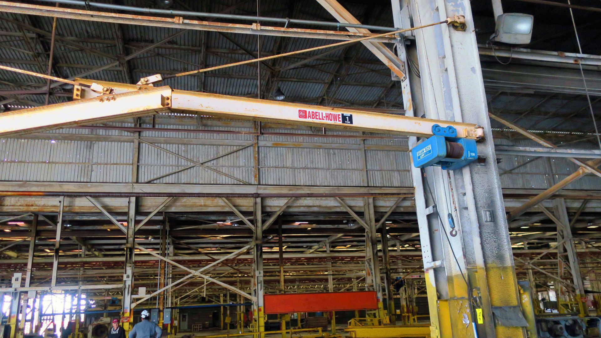 LOT OF (10) WALL MOUNTED JIB CRANES, ABELL-HOWE 1 T. CAP., Shaw Box wire rope hoist (Location A: