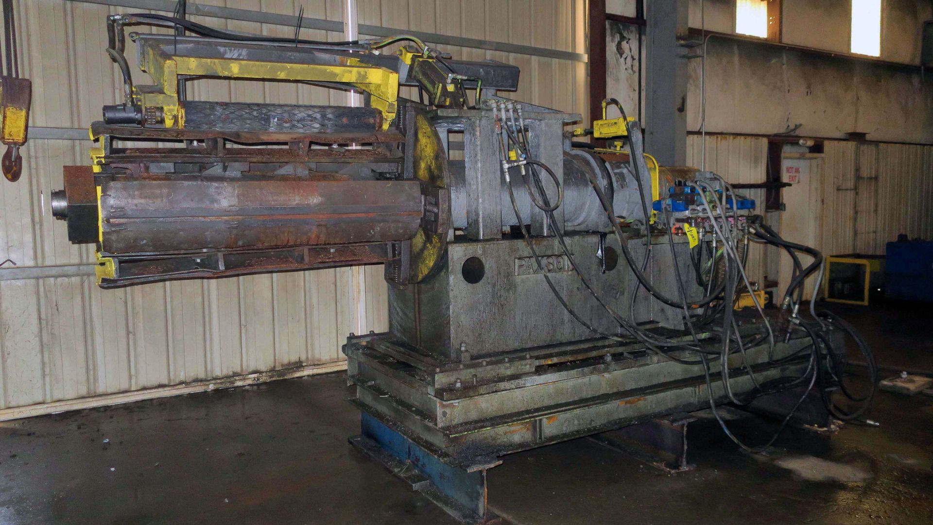 SLITTING LINE, PAXON 60"W., approx. 6" arbor dia., entry pinch roll, flip-up threading table,
