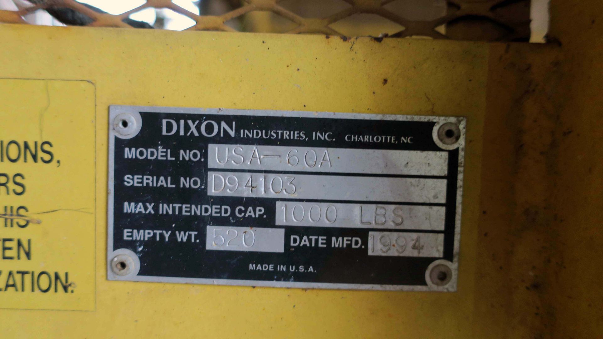 FORKLIFT MANBASKET, DIXON 1,000 LB. CAP. MDL. USA-60A, crane lugs (Location A: 1401 N Decatur - Image 3 of 3