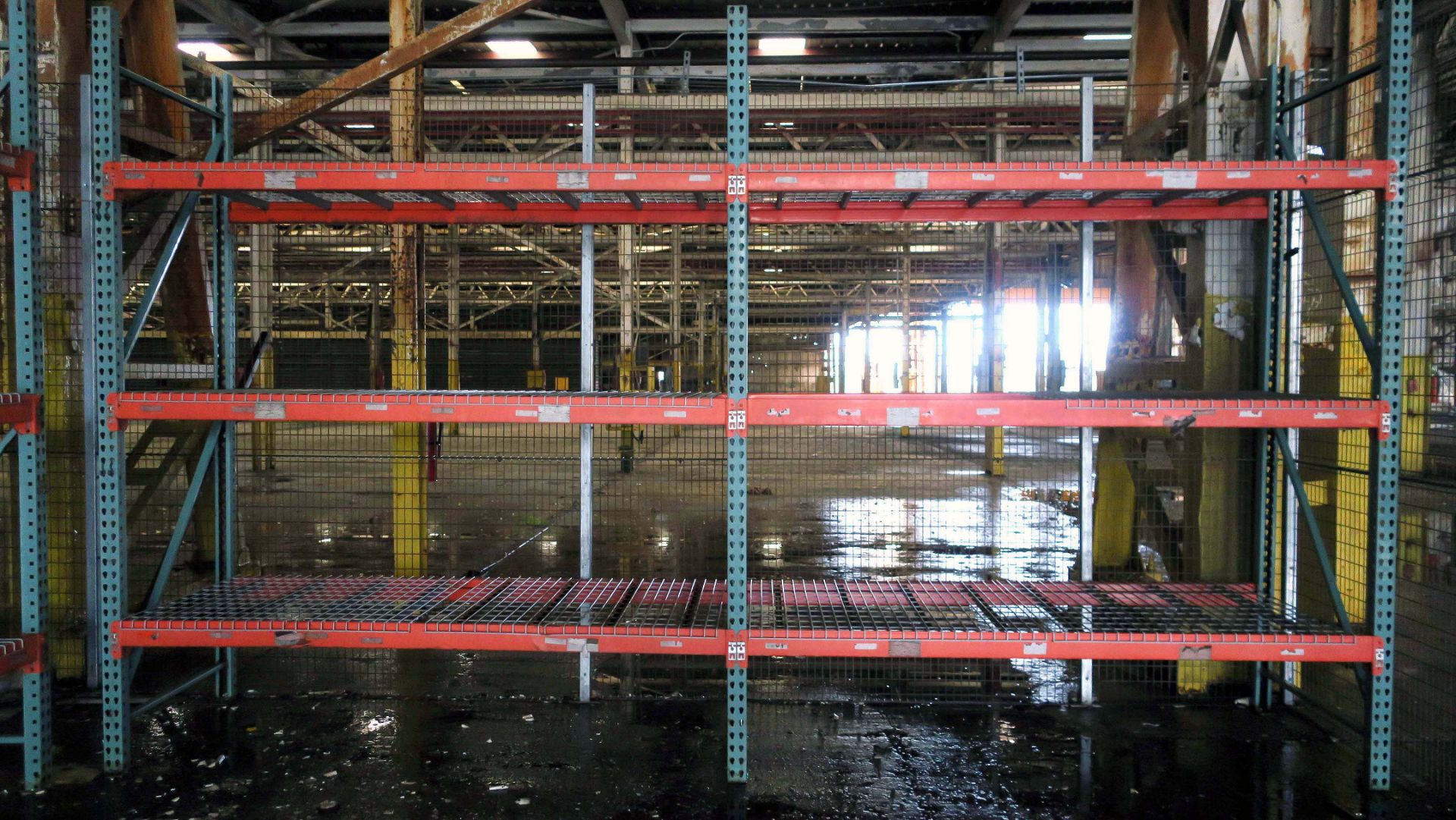 LOT OF TEAR DROP PALLET RACK SECTIONS (4), 48" dp. x 11' ht. x 3-tier, w/wire shelving (Location