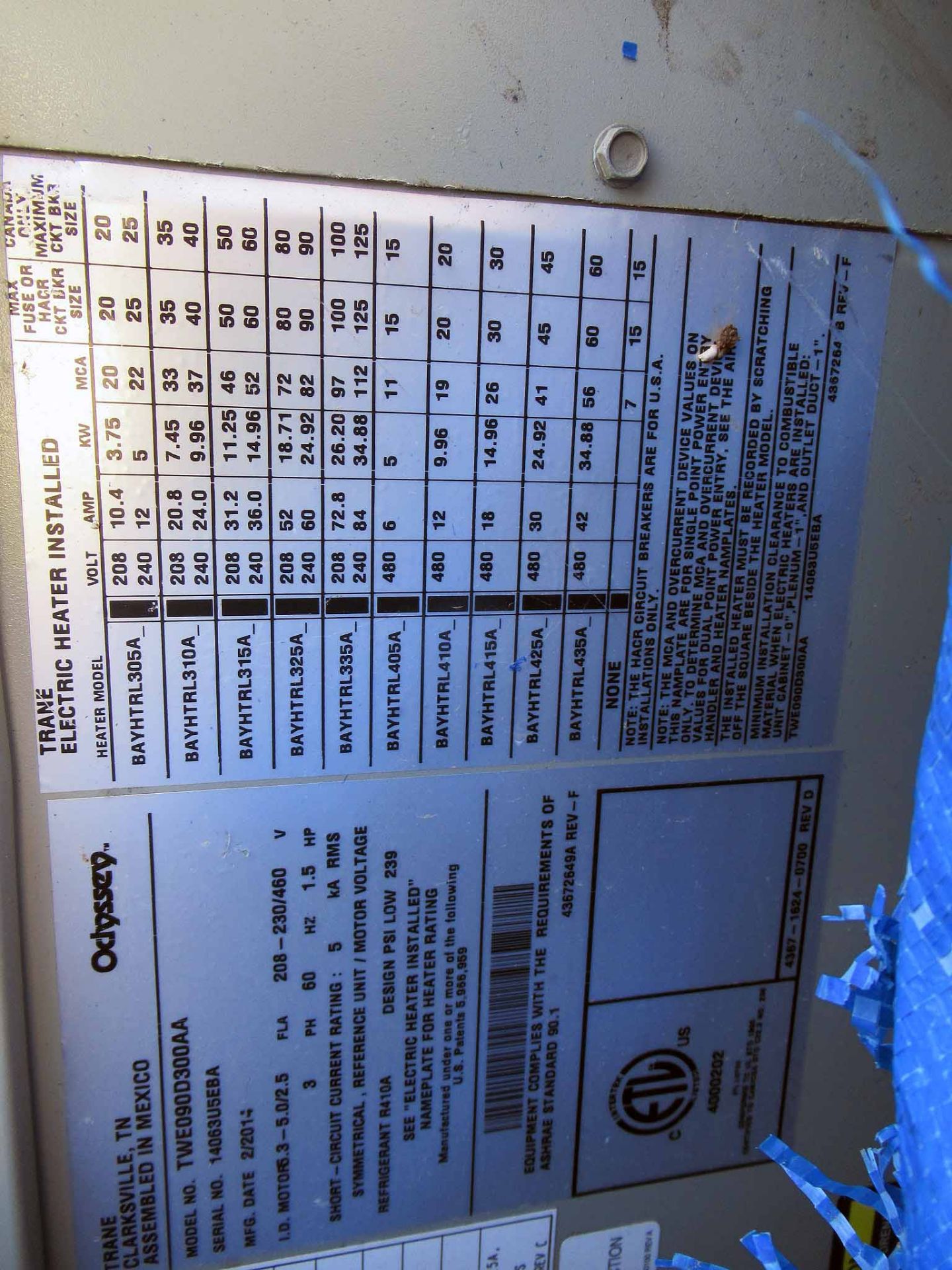 AIR HANDLING WITH ELECTRIC HEATER, TRANE MDL. TWE09D300AA, Electric heater installed, 480V, 2014. - Image 2 of 3