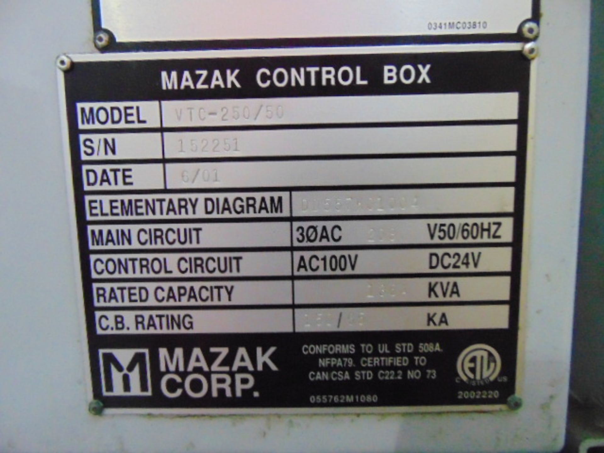 CNC VERTICAL MACHINING CENTER, MAZAK MDL. VTC-250/50, new 2001, Mazatrol 640M CNC control, 73" x 25" - Image 13 of 15