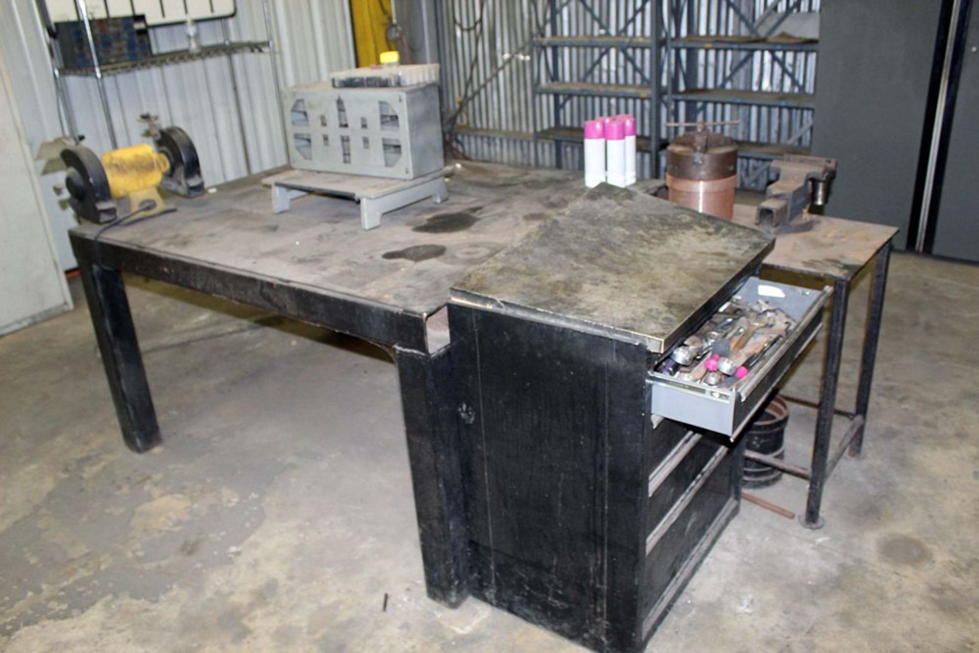 LOT CONSISTING OF: H.D work table, toolbox, double end grinder, vise