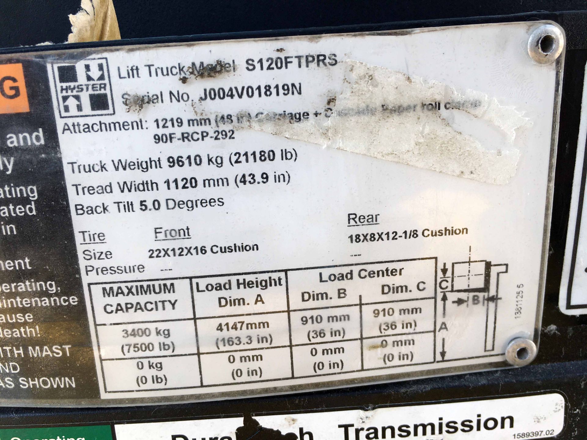 FORKLIFT, HYSTER 12,000 LB BASE CAP. MDL. S120FT, new 2015, LPG, 171” max. lift ht., 83” 3-stage - Image 6 of 7