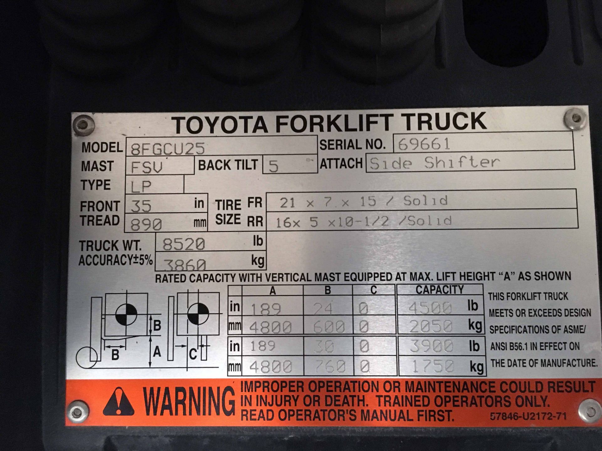 FORKLIFT, TOYOTA 5,000 LB BASE CAP MDL. 8FGCU25, new 2015, LPG, 189” max. lift ht., 83” 3-stage - Image 6 of 8