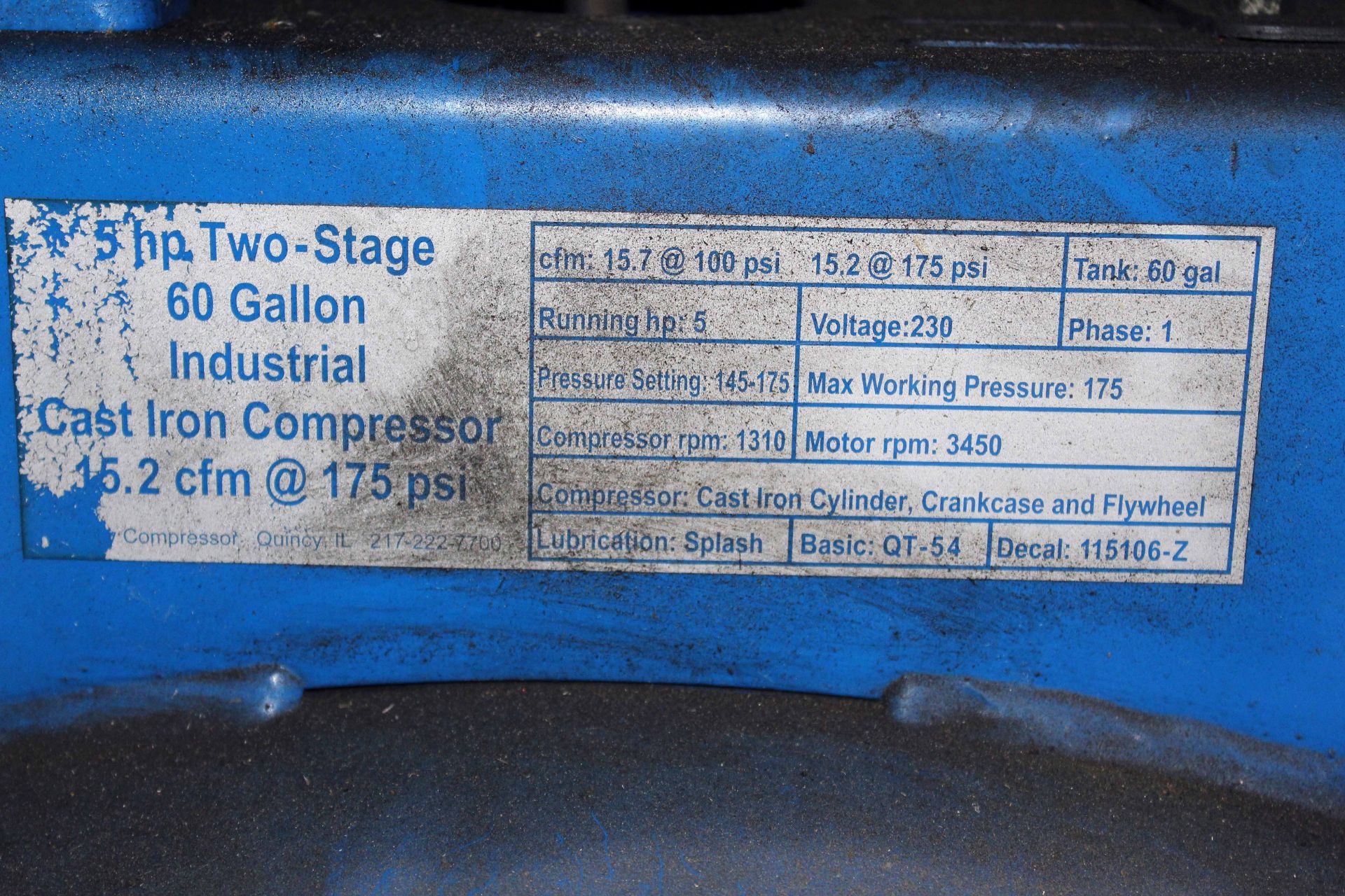 RECIPROCATING AIR COMPRESSOR, QUINCY MDL. QTV-54, 2-stage, 230V., 1-phase, 60 gal. cap. vertical - Image 2 of 2