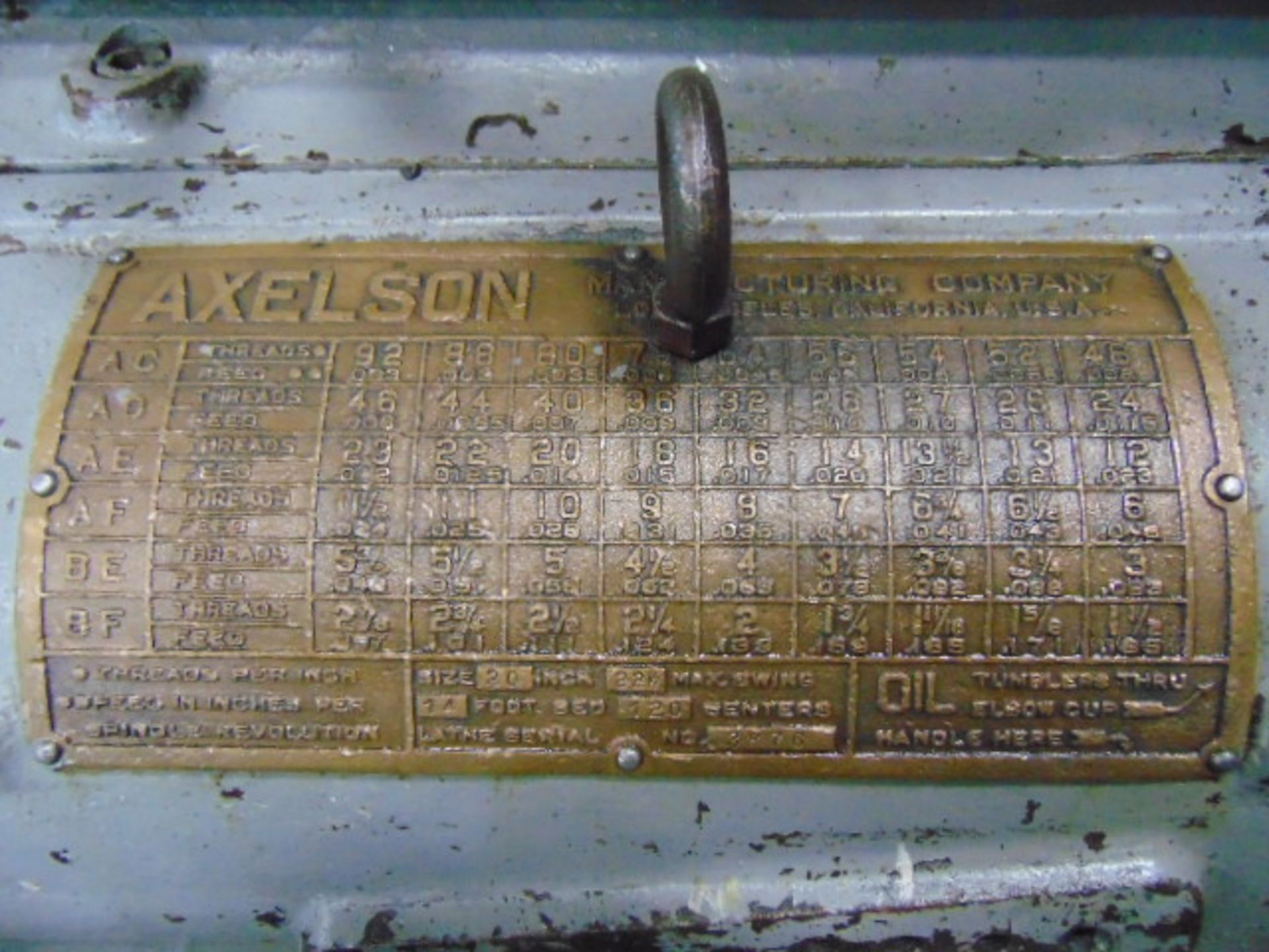 ENGINE LATHE, AXELSON 20” X 120”, 22-1/2” swing, spdl. spds: 9.5-961 RPM, 2-1/4” spdl. hole, taper - Image 5 of 12