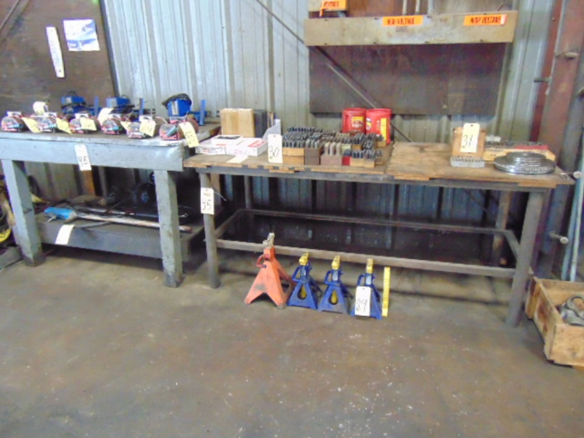 LOT OF WORK BENCHES (9) & TABLES, assorted (Note: cannot be removed until empty)