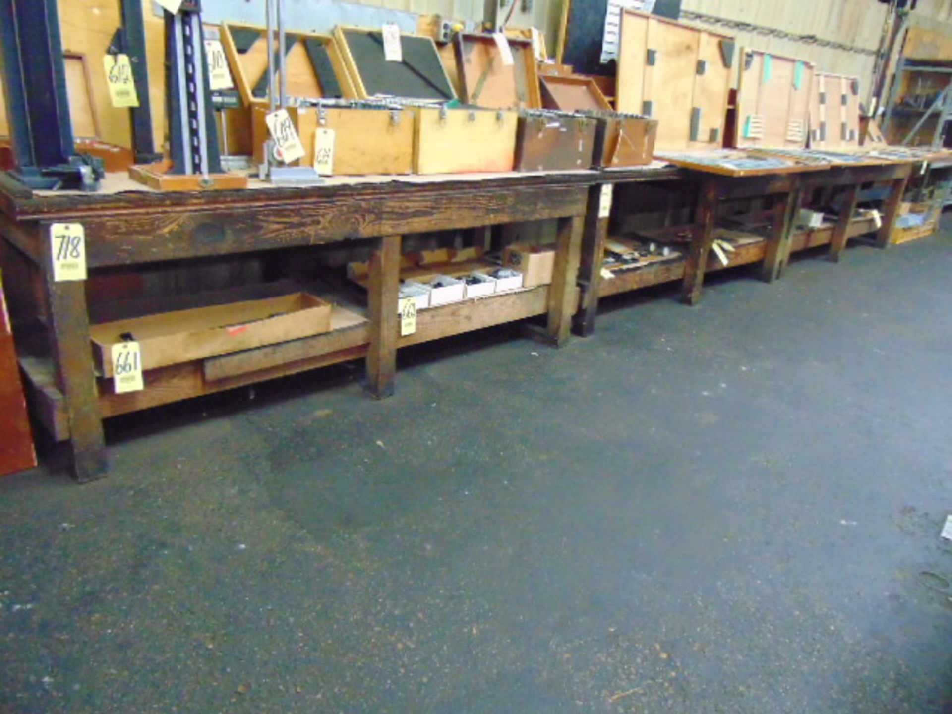 LOT OF WORK BENCHES (4), assorted (Note: cannot be removed until empty)