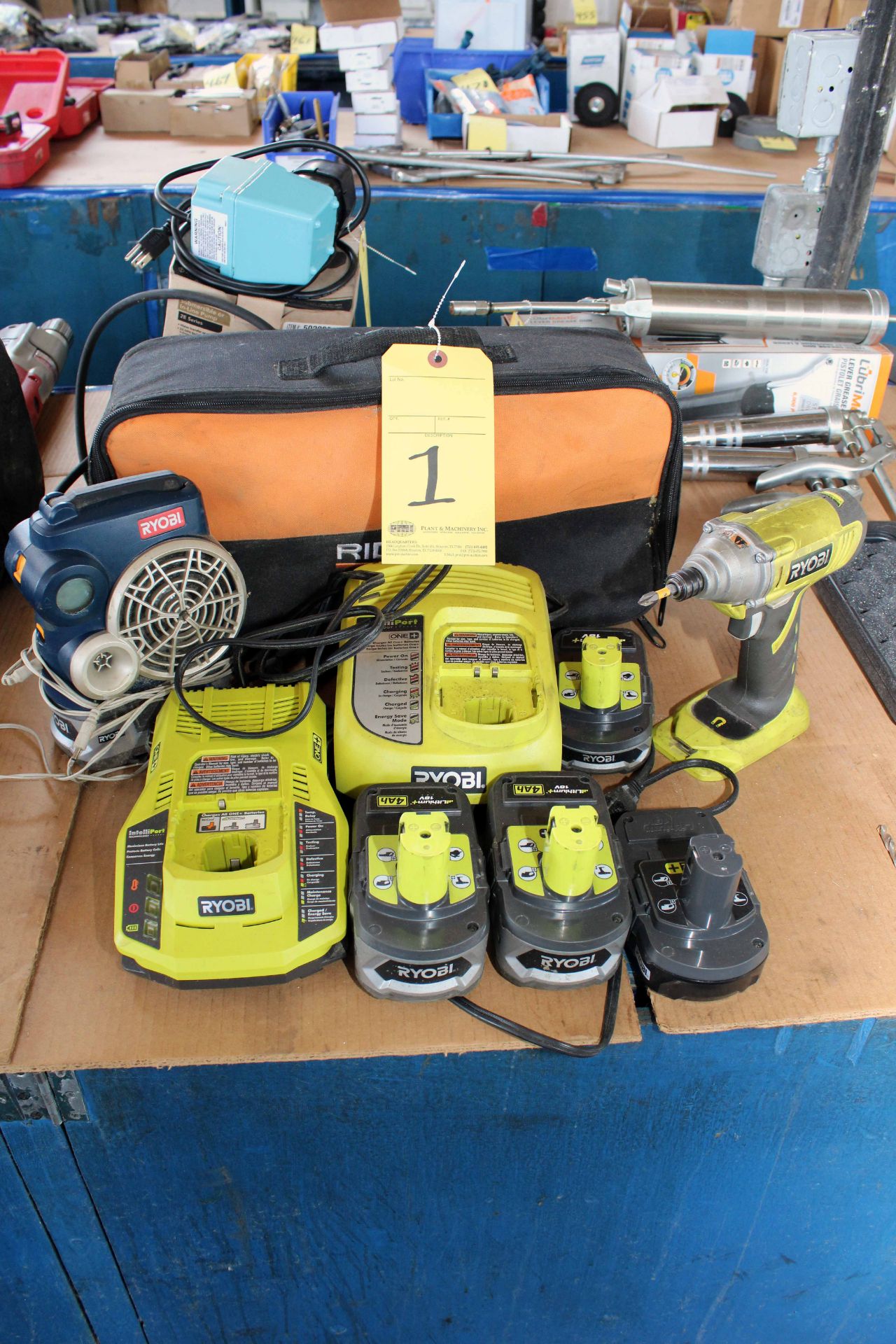 LOT CONSISTING OF: Ryobi Barrey impact wrench, (4) rechargeable batteries, (2) chargers, battery