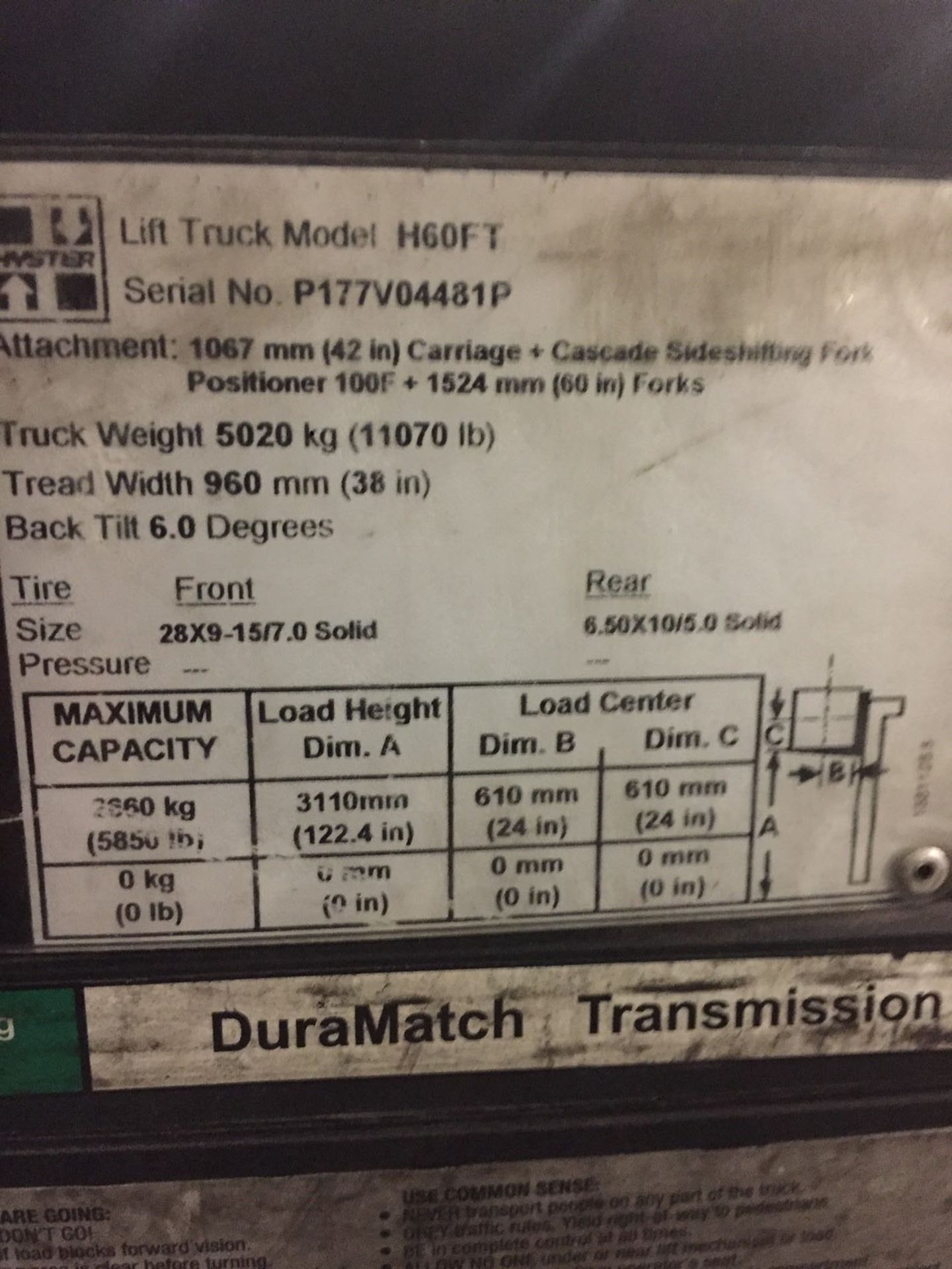 FORKLIFT, HYSTER 6,000 LB. BASE CAP. MDL. H60FT, new 2016, LPG, 122" max. lift ht., 87" view mast, - Image 13 of 13