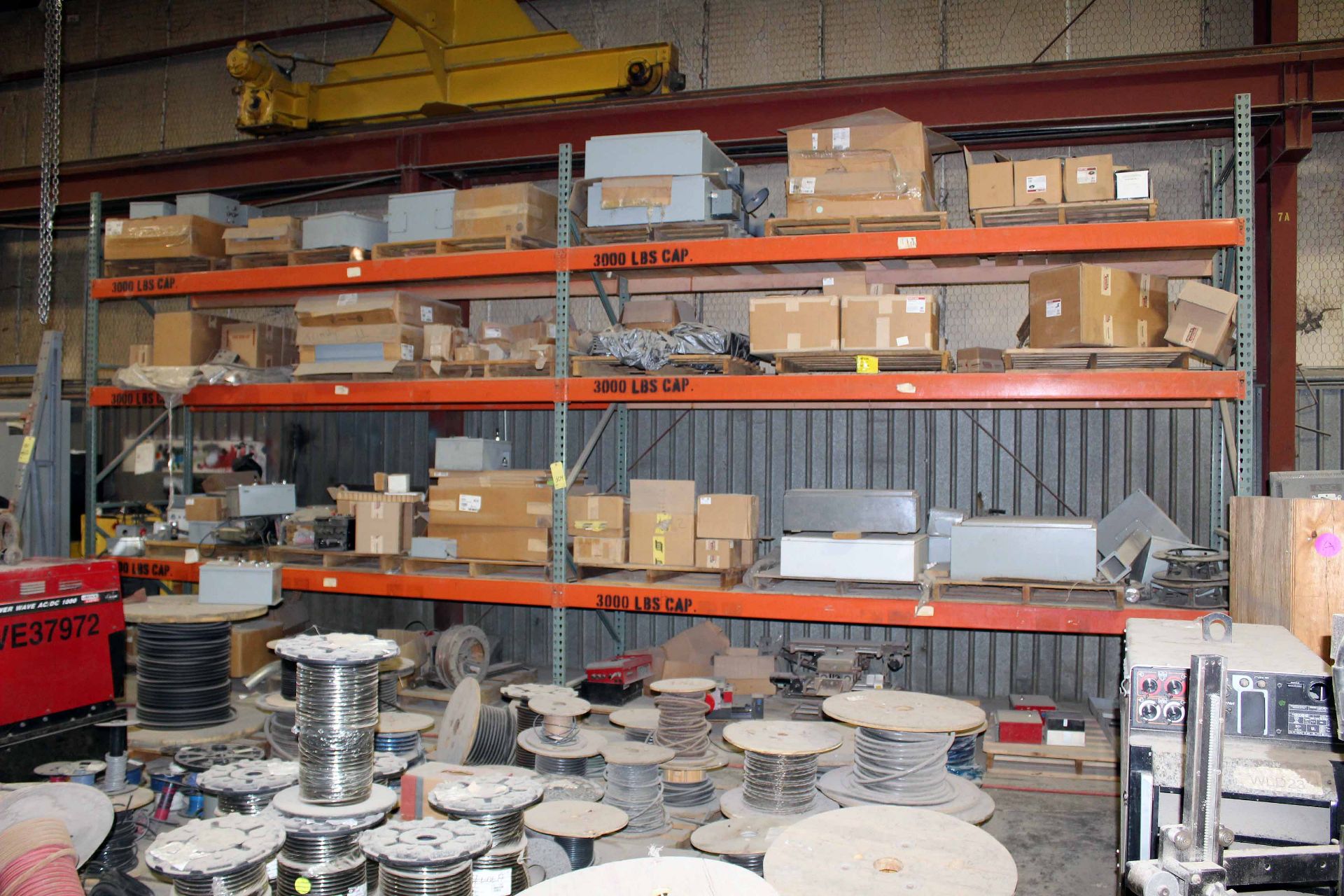 LOT CONTENTS OF PALLET RACK: Lincoln welder parts, control cable assembly, lead assemblies, wire