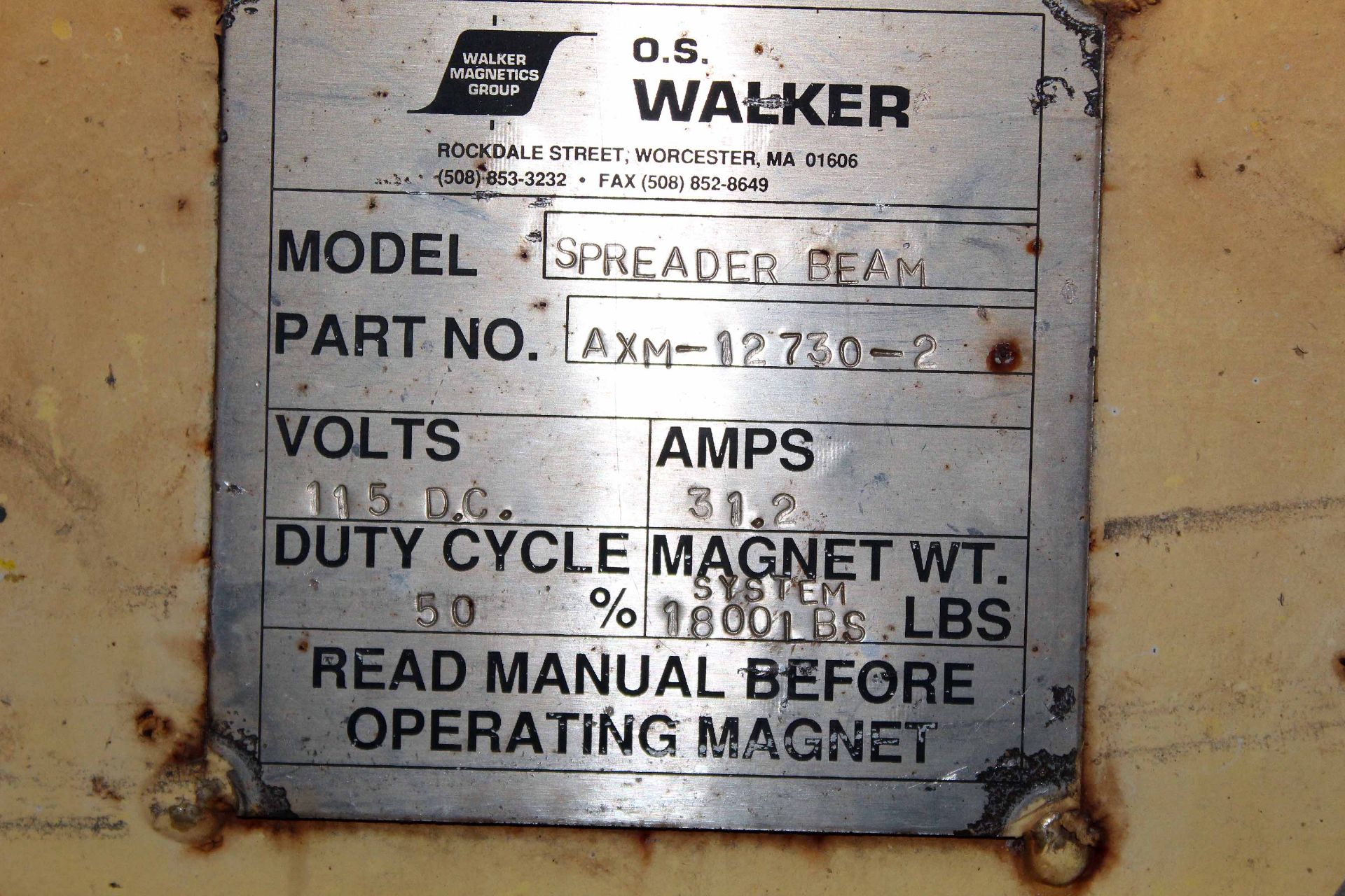 SPREADER BEAM, WALKER 4,000 LB. CAP. MDL. AXM-12730-7, electromagnetic 1,800 lb. cap. lift ( - Image 2 of 2