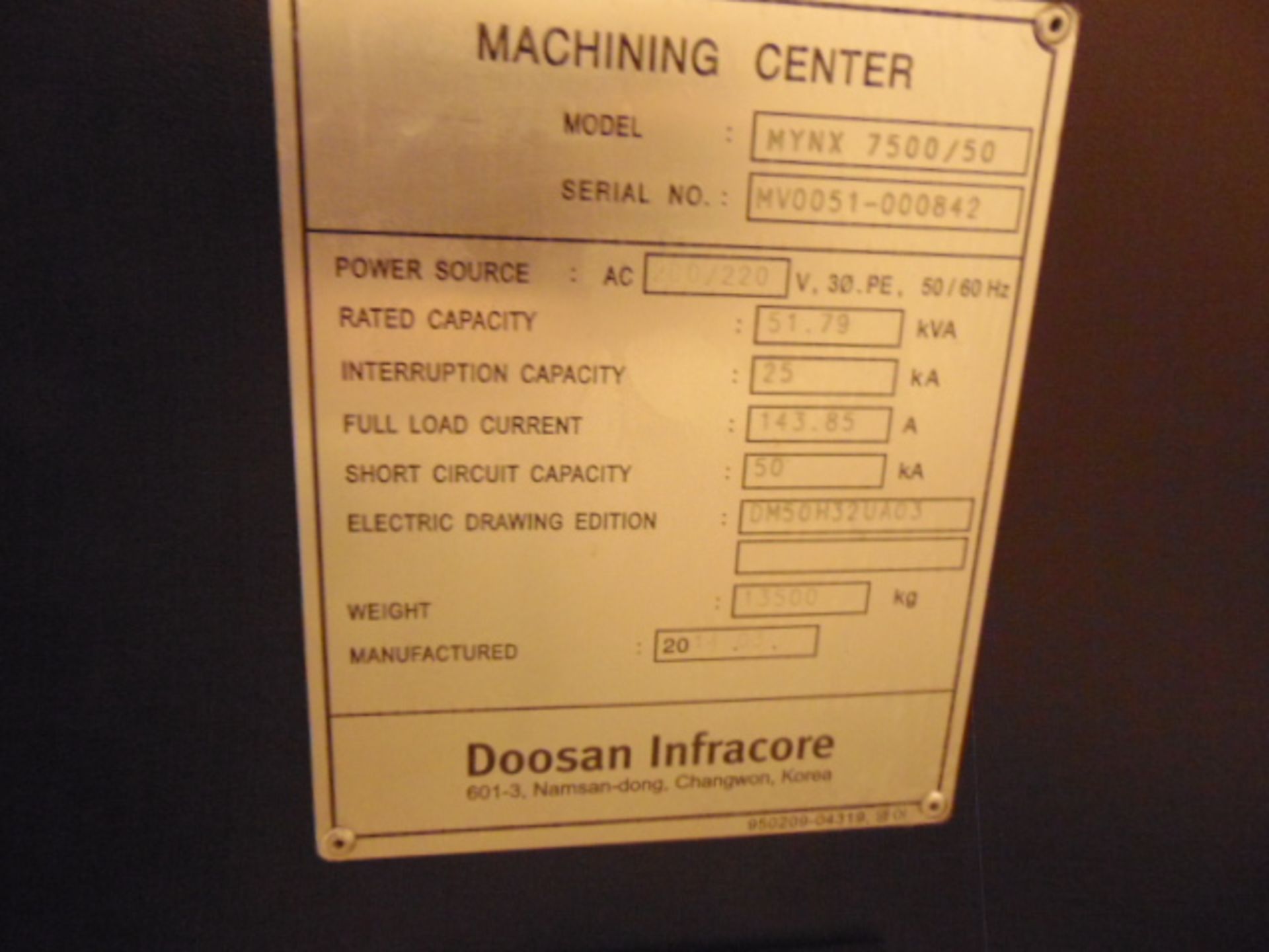 CNC VERTICAL MACHINING CENTER, DOOSAN MYNX MDL. 7500/50 4-AXIS, new 2014, Doosan Fanuc I Series - Image 14 of 15