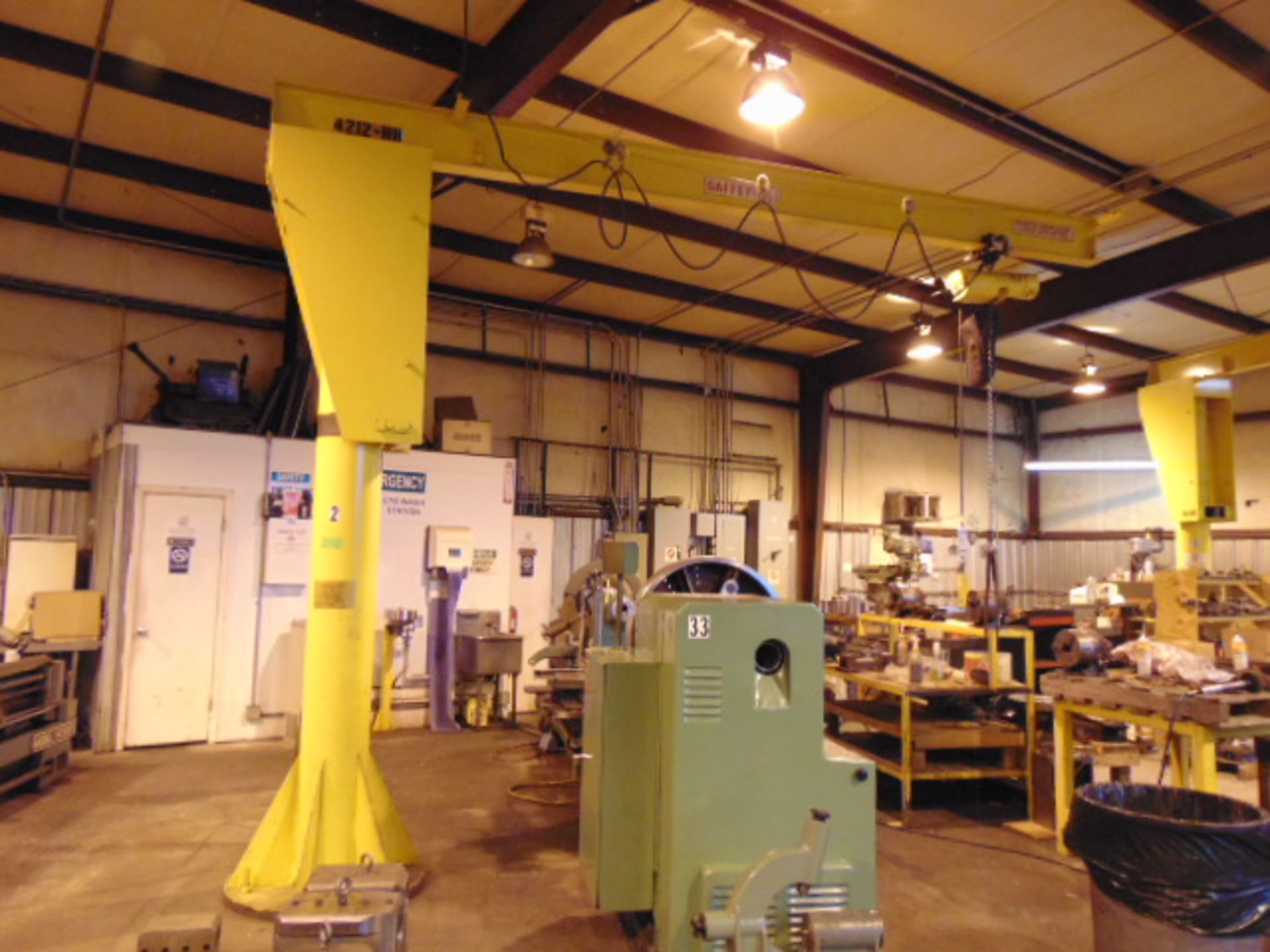 FLOOR TYPE PEDESTAL JIB CRANE, GAFFEY ½ T. X APPROX. 15’ REACH, Budgit ½ T. cap. elec. chain hoist