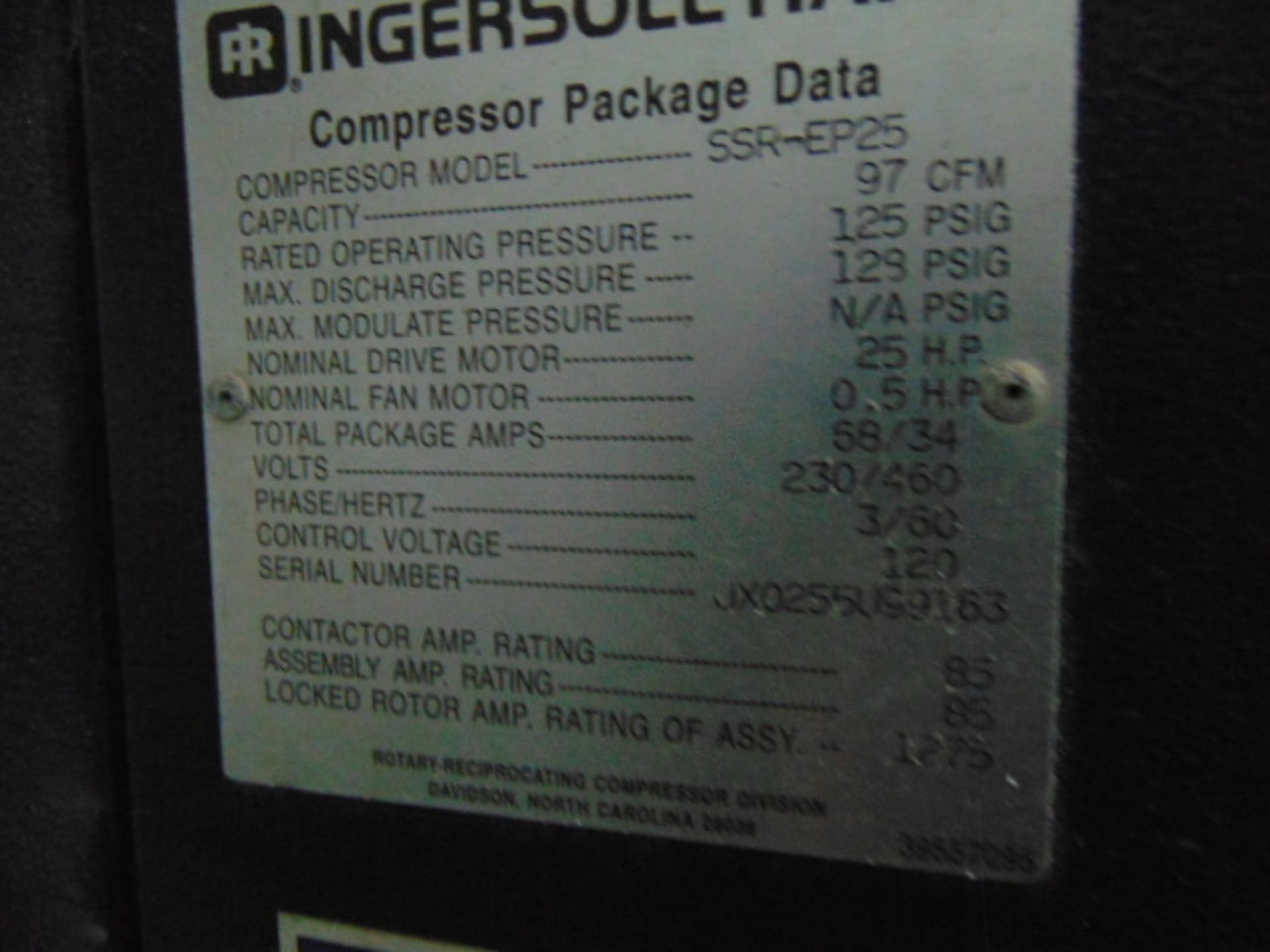 ROTARY SCREW AIR COMPRESSOR, INGERSOLL RAND MDL. SSR-EP25, 25 HP motor, S/N JX0255U99163 - Image 4 of 4