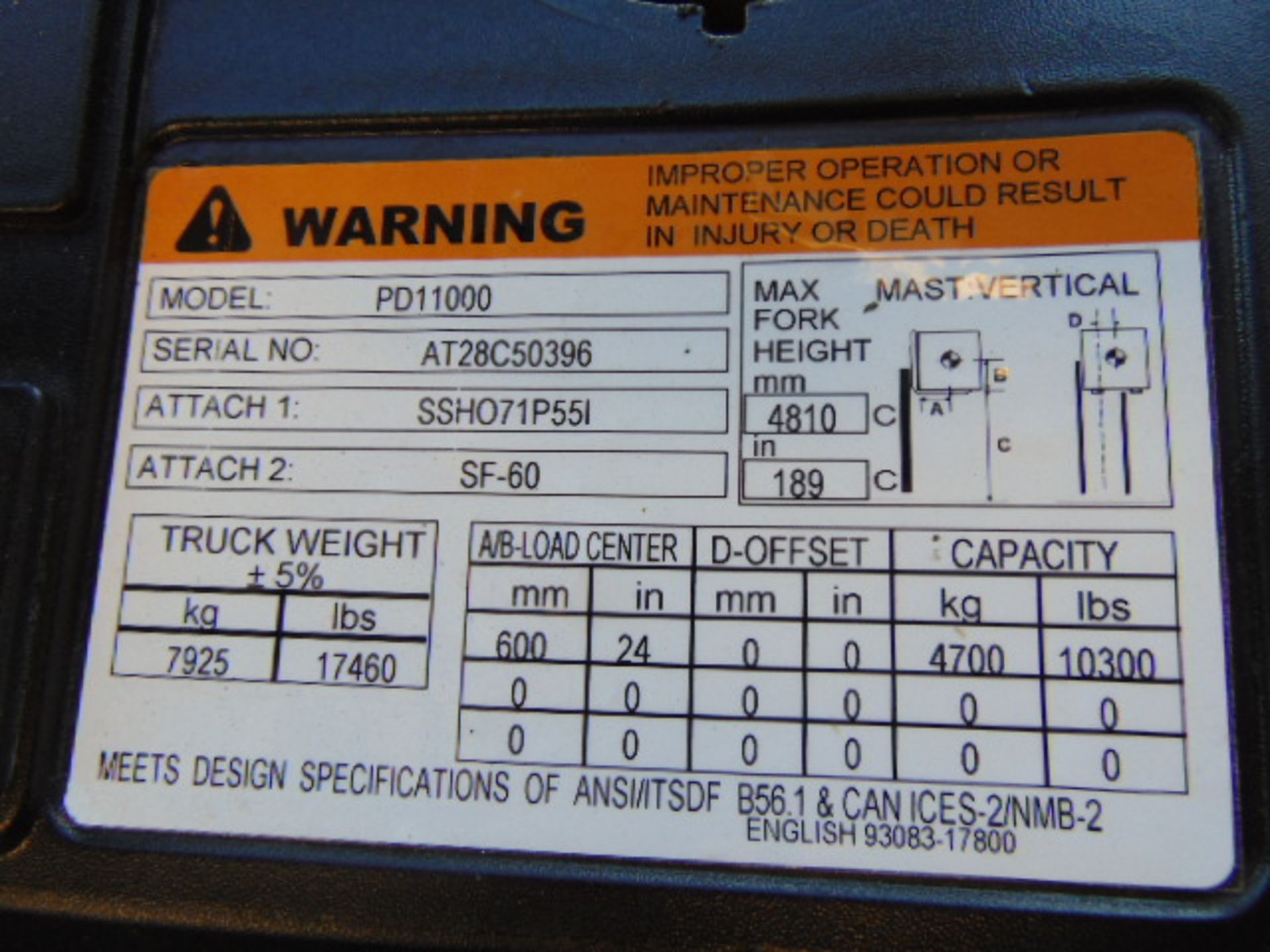 FORKLIFT, CATERPILLAR 11,000 LB. BASE CAP. MDL. PD11000, new 2012, diesel, 89" 3-stage mast, 189" - Image 8 of 8