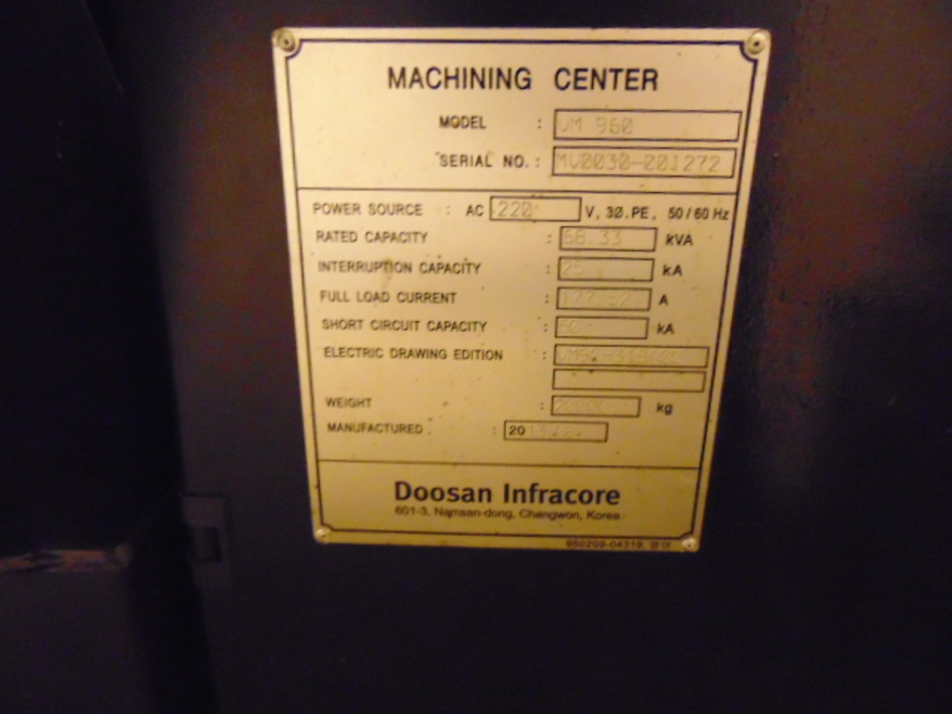 CNC VERTICAL MACHINING CENTER, DOOSAN MDL. VM960 4-AXIS, new 2013, Fanuc Series 31i – Mdl. B CNC - Image 15 of 15