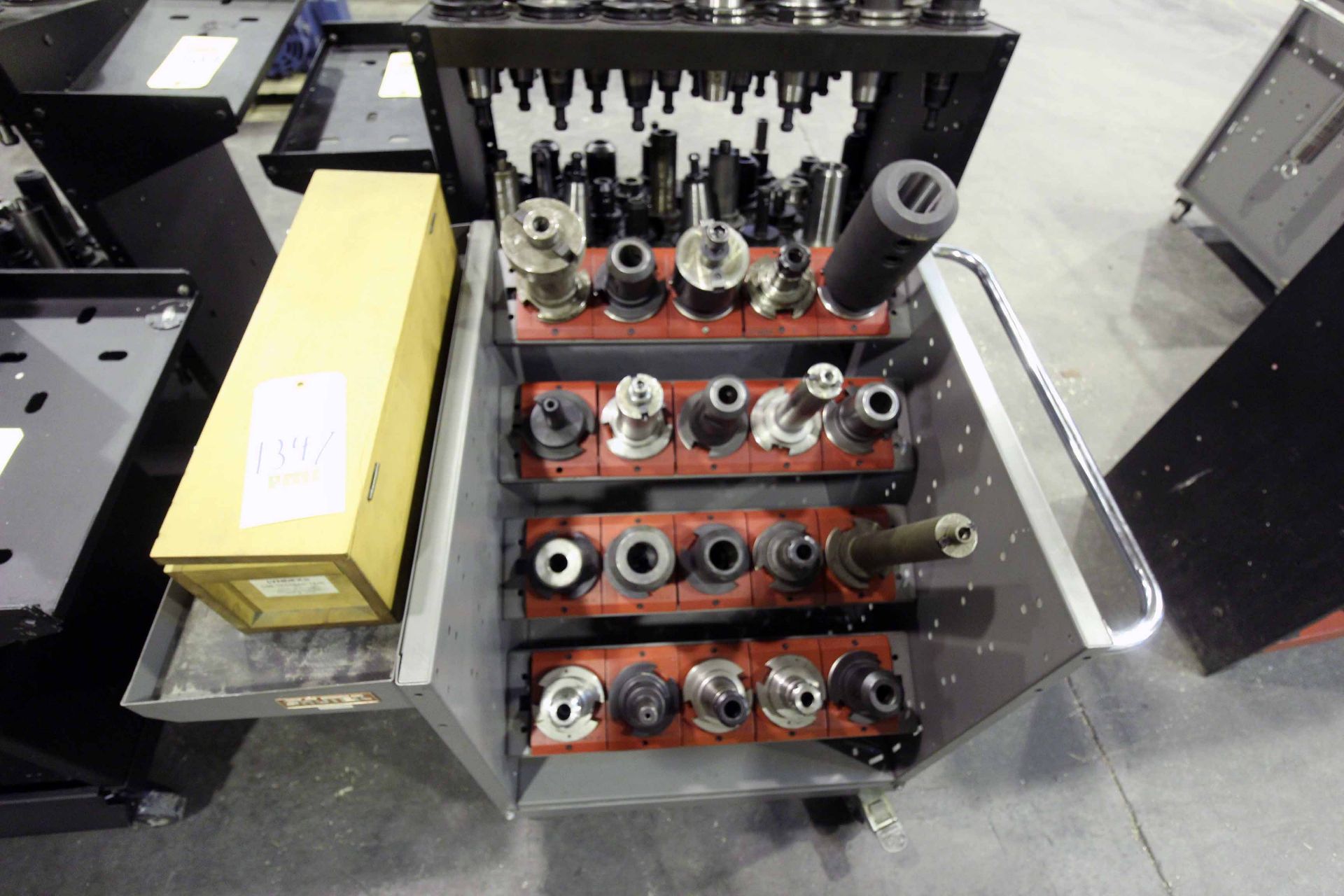 LOT CONSISTING OF: (20) assorted CAT-50 toolholders (on shutter roller cart) & Lyndex C-50 14.0 test