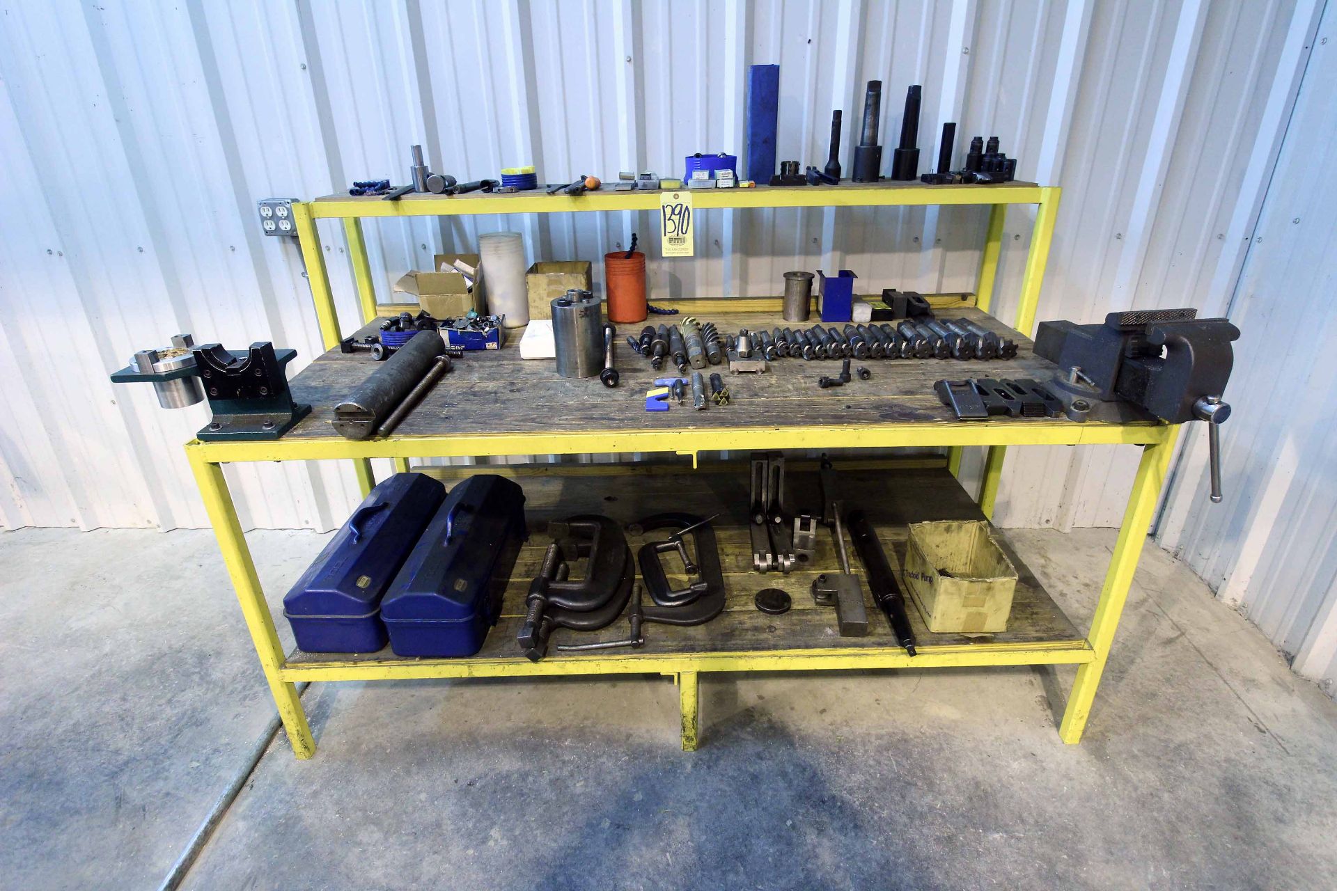 LOT CONSISTING OF: metal table w/wood top, vise, tool presetter, H.D. C-clamps, misc. tooling