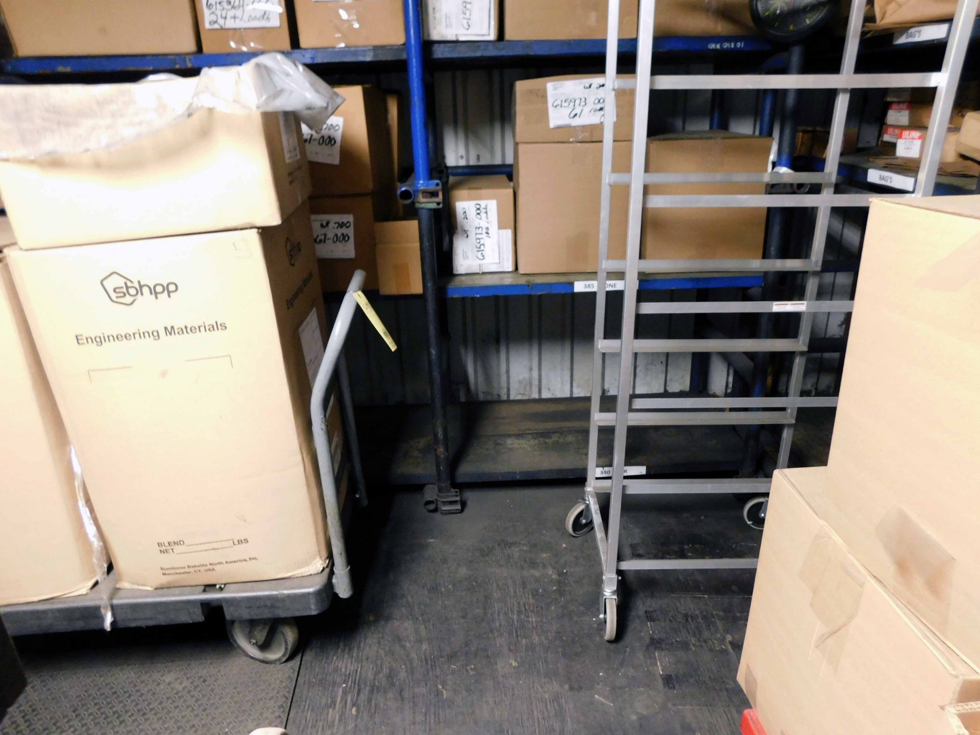 LOT CONSISTING OF: hydraulic lift cart, (2) roller shop carts & assorted pipe shelving (cannot be - Image 2 of 3