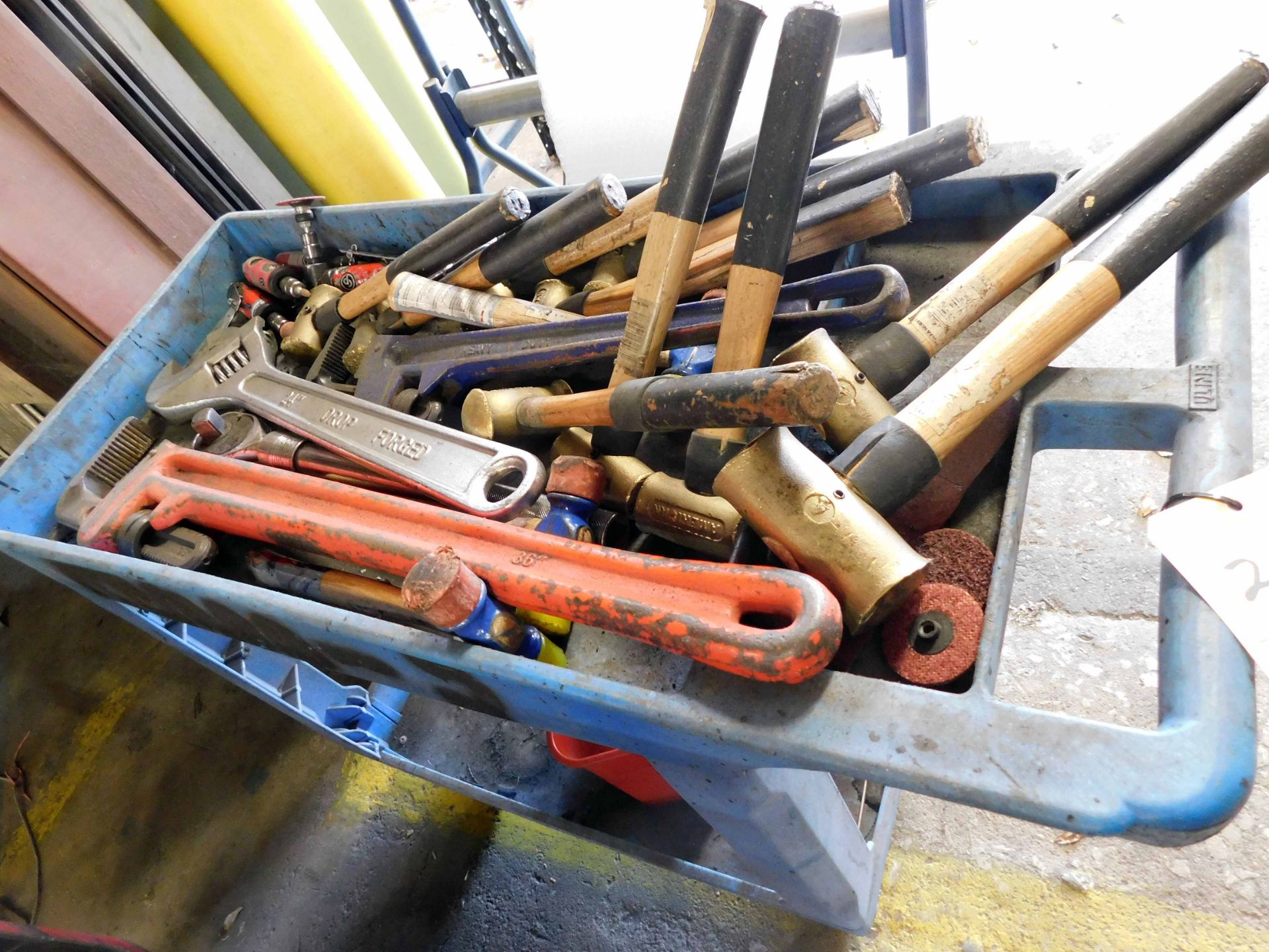 LOT CONSISTING OF: large wrenches & American brass hammers, w/roller cart