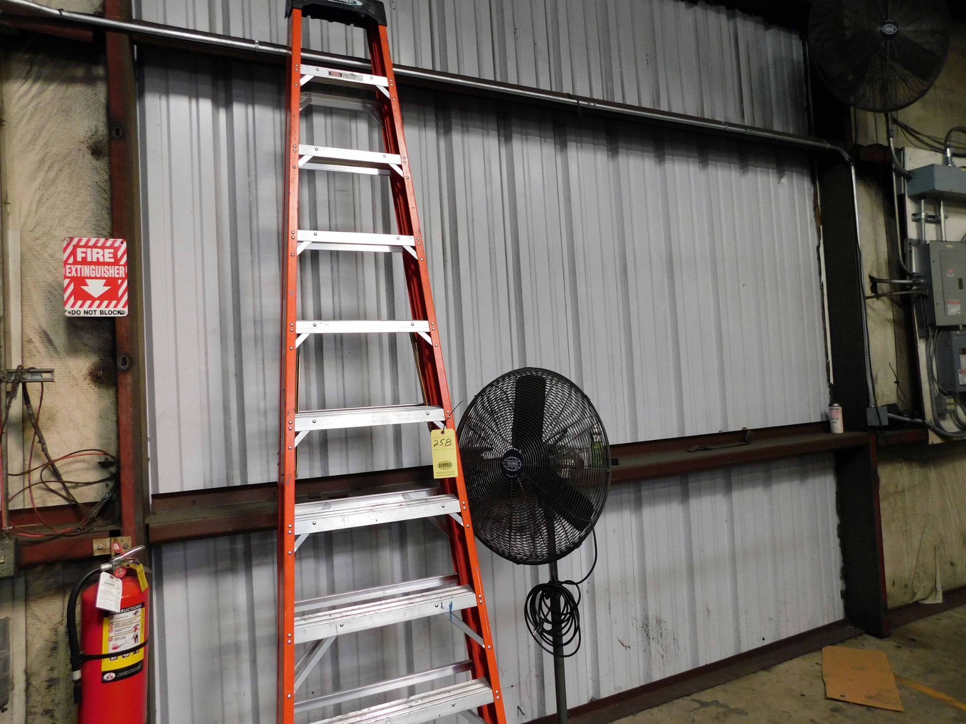 LOT CONSISTING OF: 10' A-frame ladder & pedestal fan