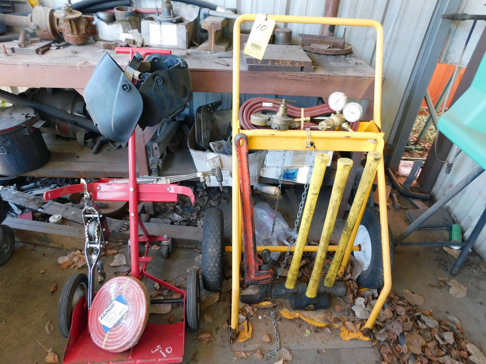 LOT CONSISTING OF: (2) torch carts w/accessories, (3) sledge hammers, pipe wrench, Come-Along