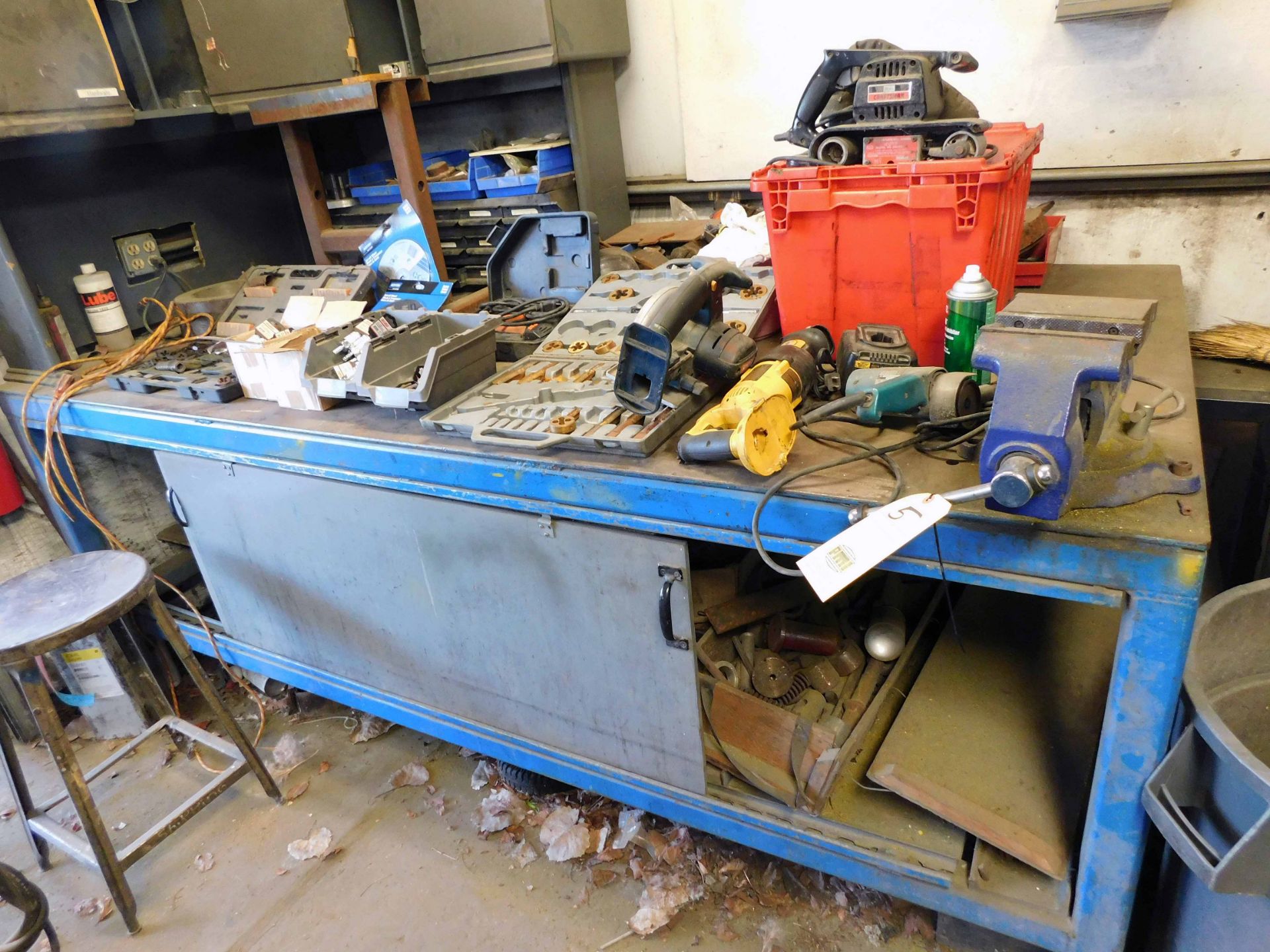 LOT CONSISTING OF: 4' x 8' steel fabrication table w/5-1/2" jaw, Wilton vise, assorted power &