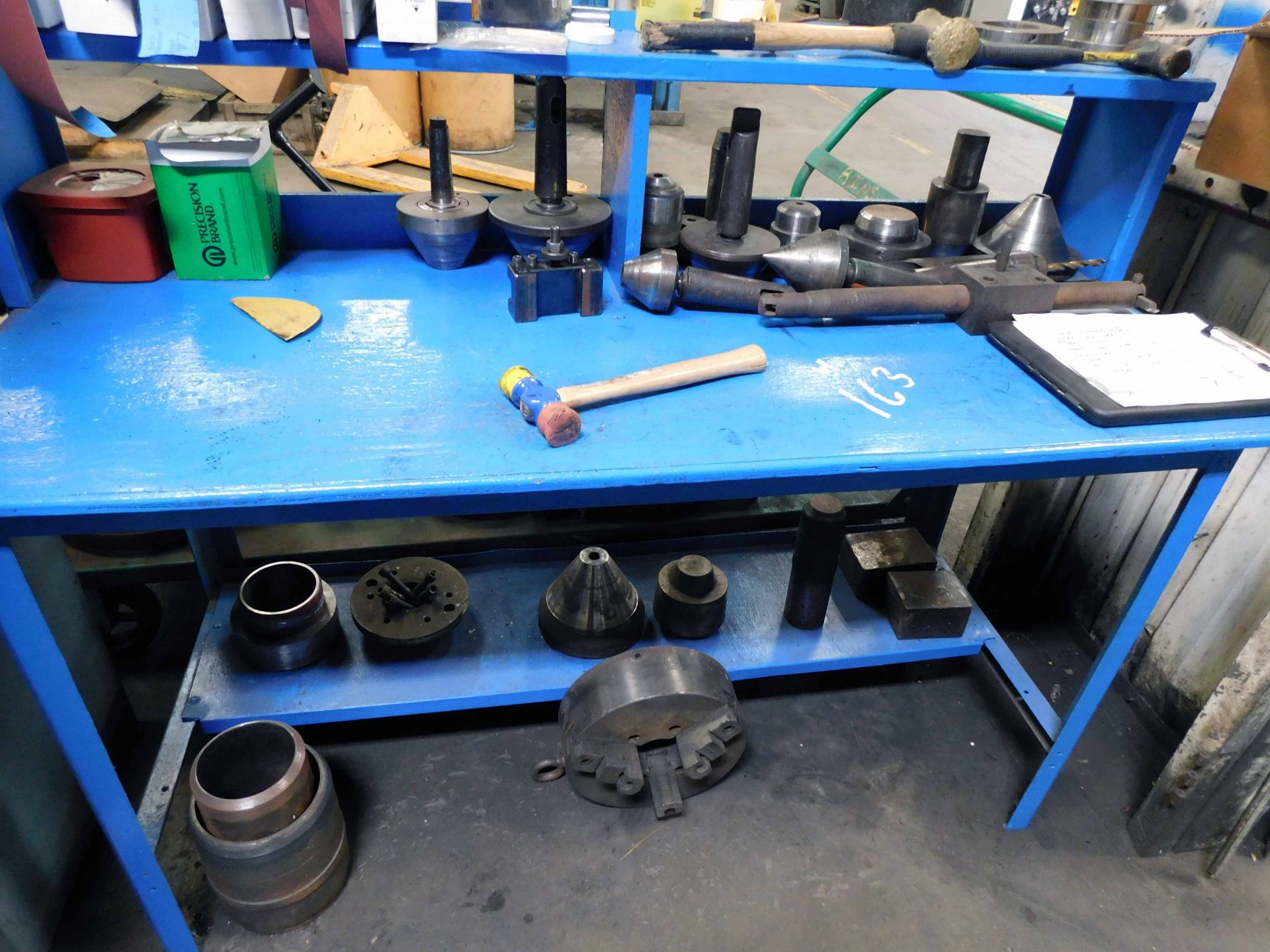 LOT CONSISTING OF: cabinet, bench, cart, lathe centers, toolholders & cutters