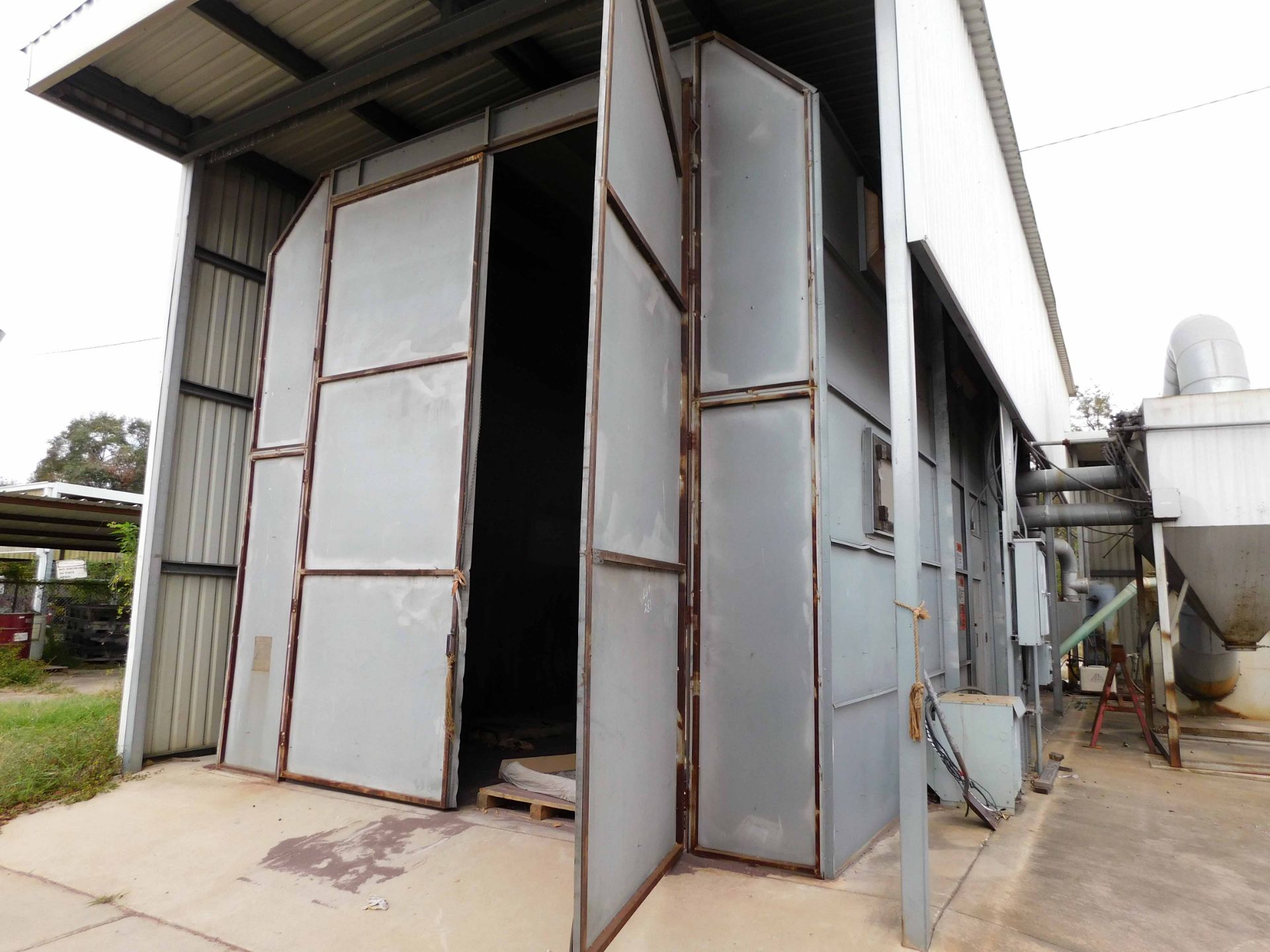 BLAST BOOTH, approx. 15’W. x 40’L., Zero blast cabinet, hopper & reclamation system, American Fan